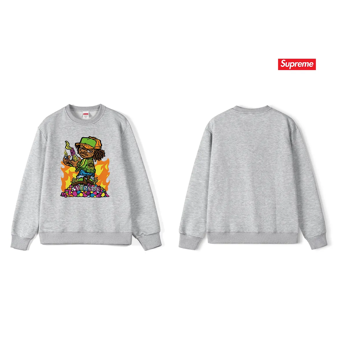 Style No. S1112 #terry p150💰 Velvet 160💰 Supreme SS19 Molotov Kid Tee Black little boy comics round neck sweatshirt Made of 400 grams of large terry (drop shoulder large version) fabric, soft and non-pilling texture, imported environmentally friendly printing glue, bright and three-dimensional pattern, quality 💥unisex style, trendy upper body, color: black, white, gray, size: S M L XL XXL