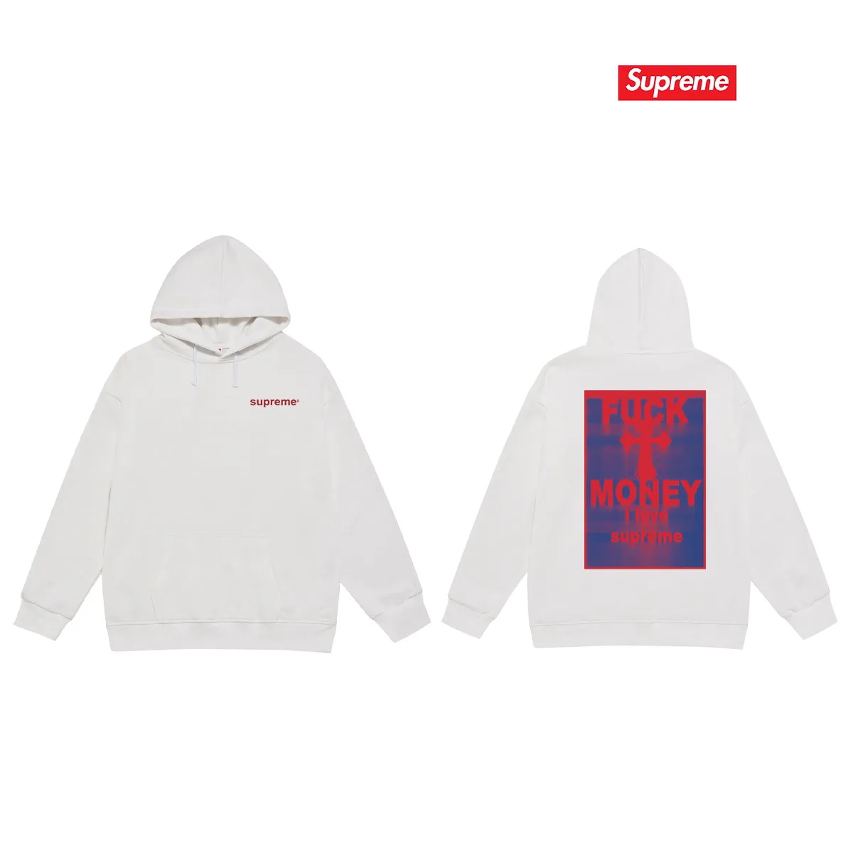 Style No. S2085 #terry P160💰 Velvet P170💰 Supreme FW24 WEEK1 Money Tee hooded sweatshirt with letter cross print on the back. Made of 400g large terry 430g silver fox velvet (drop shoulder large version) fabric. The texture is soft and non-pilling. Imported environmentally friendly printing glue. The pattern is bright and three-dimensional. Quality💥Same style for men and women. The upper body is trendy. Color: black white gray Size: S M L XL XXL