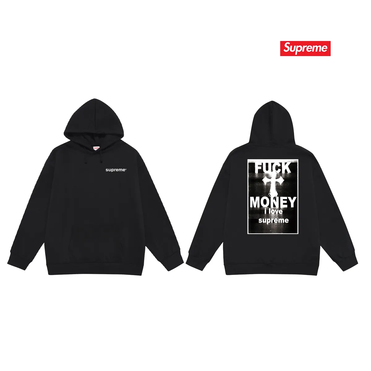 Style No. S2085 #terry P160💰 Velvet P170💰 Supreme FW24 WEEK1 Money Tee hooded sweatshirt with letter cross print on the back. Made of 400g large terry 430g silver fox velvet (drop shoulder large version) fabric. The texture is soft and non-pilling. Imported environmentally friendly printing glue. The pattern is bright and three-dimensional. Quality💥Same style for men and women. The upper body is trendy. Color: black white gray Size: S M L XL XXL