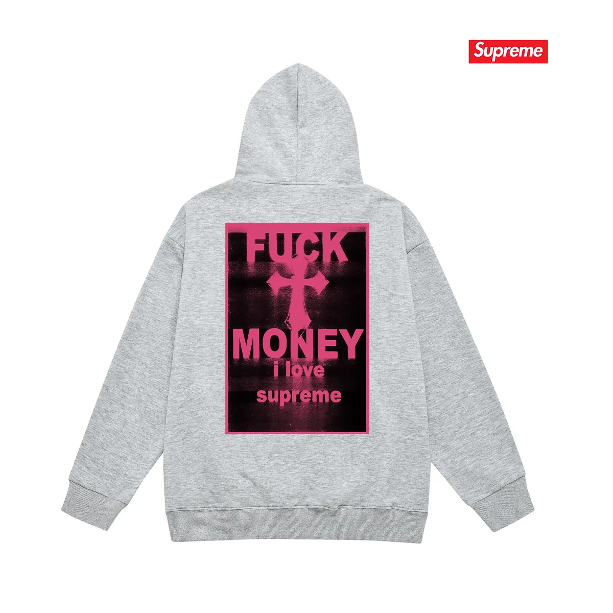 Style No. S2085 #terry P160💰 Velvet P170💰 Supreme FW24 WEEK1 Money Tee hooded sweatshirt with letter cross print on the back. Made of 400g large terry 430g silver fox velvet (drop shoulder large version) fabric. The texture is soft and non-pilling. Imported environmentally friendly printing glue. The pattern is bright and three-dimensional. Quality💥Same style for men and women. The upper body is trendy. Color: black white gray Size: S M L XL XXL