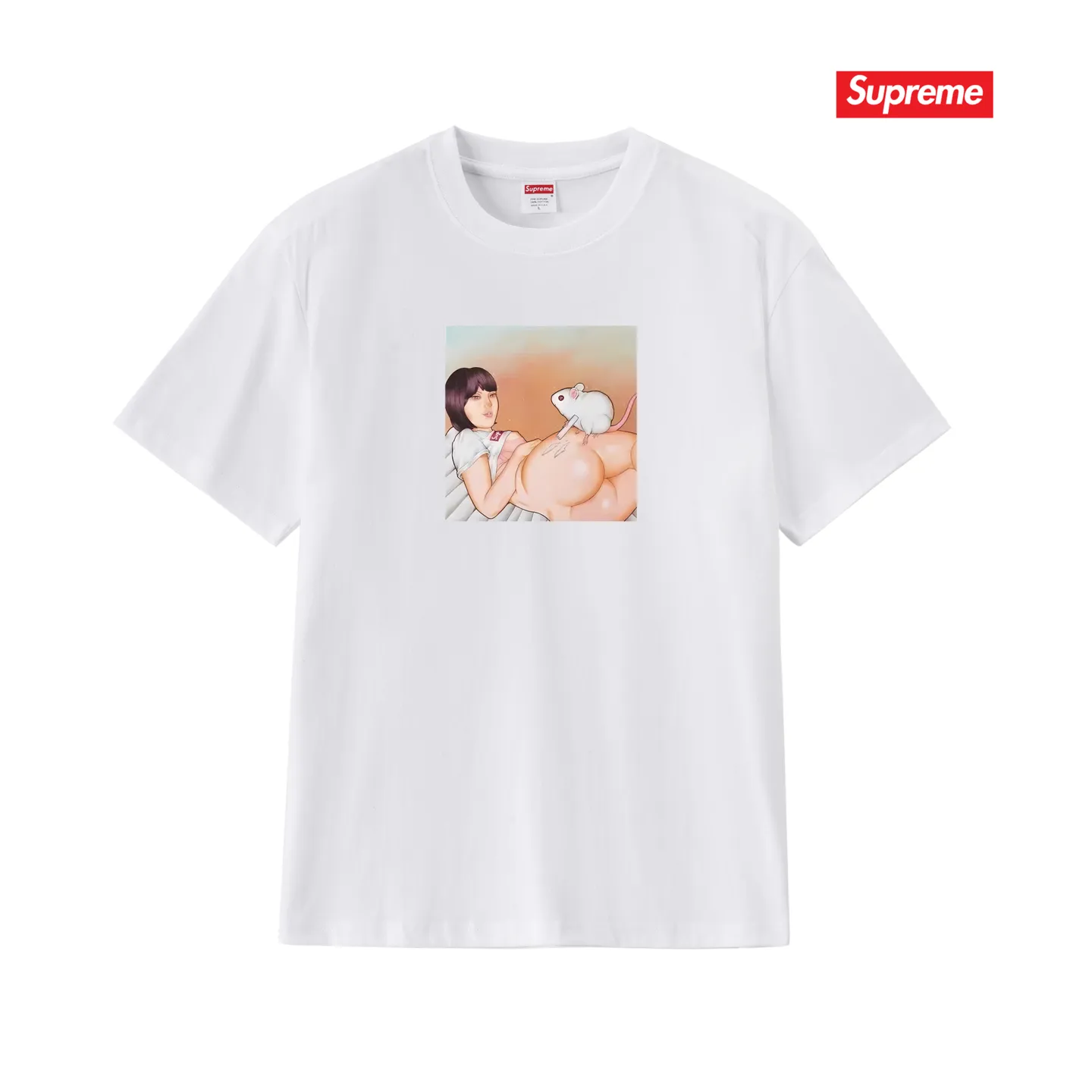 S171 P110💰 New Sup funny beauty mouse printed short-sleeved pure cotton round neck short-sleeved retro high street unisex T-shirt. Loose fit. Made of 260g combed cotton double yarn. All three standards are complete from fabrics to accessories. ZP imported Matsui company's slurry printing will never crack. The whole piece adopts three-needle five-thread technology. The neckline-shoulder seam-sleeve seam is double-lined, which looks more three-dimensional and textured.) The same process as the original version, classic version Feel free to compare zp. The whole piece adopts three-needle five-thread craftsmanship (neckline-shoulder seam-sleeve seam double thread, which looks more three-dimensional and textured). It has the same craftsmanship as the original original, classic version. Color: black, white, light gray, navy blue, white. Size: S M L XL XXL
