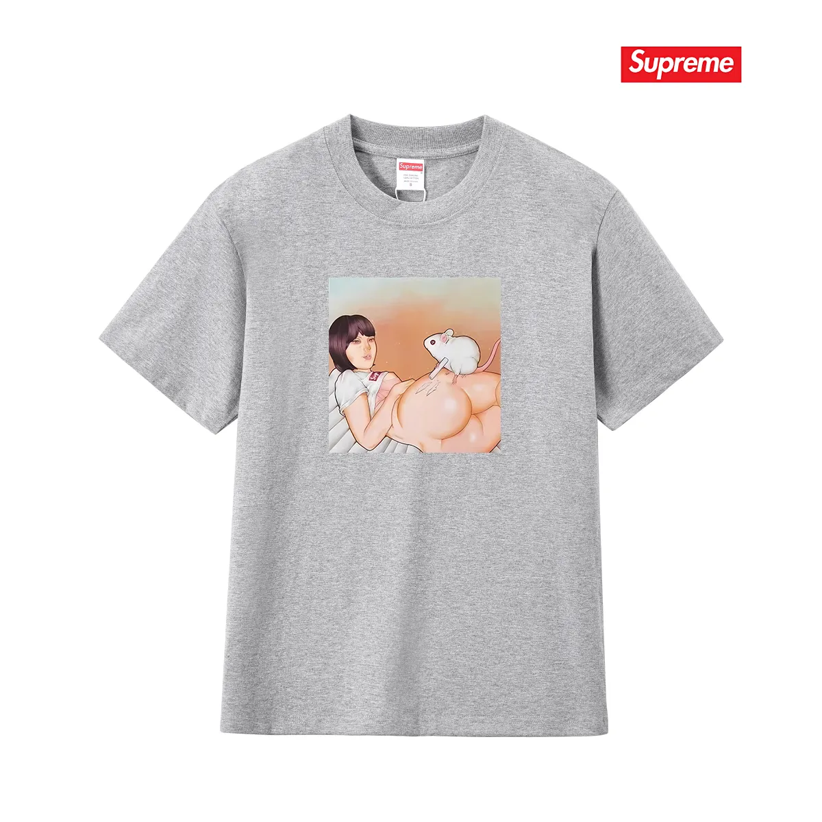 S171 P110💰 New Sup funny beauty mouse printed short-sleeved pure cotton round neck short-sleeved retro high street unisex T-shirt. Loose fit. Made of 260g combed cotton double yarn. All three standards are complete from fabrics to accessories. ZP imported Matsui company's slurry printing will never crack. The whole piece adopts three-needle five-thread technology. The neckline-shoulder seam-sleeve seam is double-lined, which looks more three-dimensional and textured.) The same process as the original version, classic version Feel free to compare zp. The whole piece adopts three-needle five-thread craftsmanship (neckline-shoulder seam-sleeve seam double thread, which looks more three-dimensional and textured). It has the same craftsmanship as the original original, classic version. Color: black, white, light gray, navy blue, white. Size: S M L XL XXL