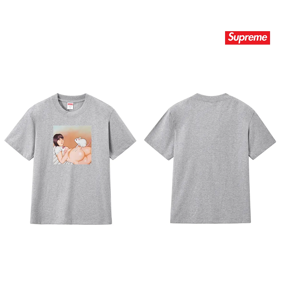 S171 P110💰 New Sup funny beauty mouse printed short-sleeved pure cotton round neck short-sleeved retro high street unisex T-shirt. Loose fit. Made of 260g combed cotton double yarn. All three standards are complete from fabrics to accessories. ZP imported Matsui company's slurry printing will never crack. The whole piece adopts three-needle five-thread technology. The neckline-shoulder seam-sleeve seam is double-lined, which looks more three-dimensional and textured.) The same process as the original version, classic version Feel free to compare zp. The whole piece adopts three-needle five-thread craftsmanship (neckline-shoulder seam-sleeve seam double thread, which looks more three-dimensional and textured). It has the same craftsmanship as the original original, classic version. Color: black, white, light gray, navy blue, white. Size: S M L XL XXL