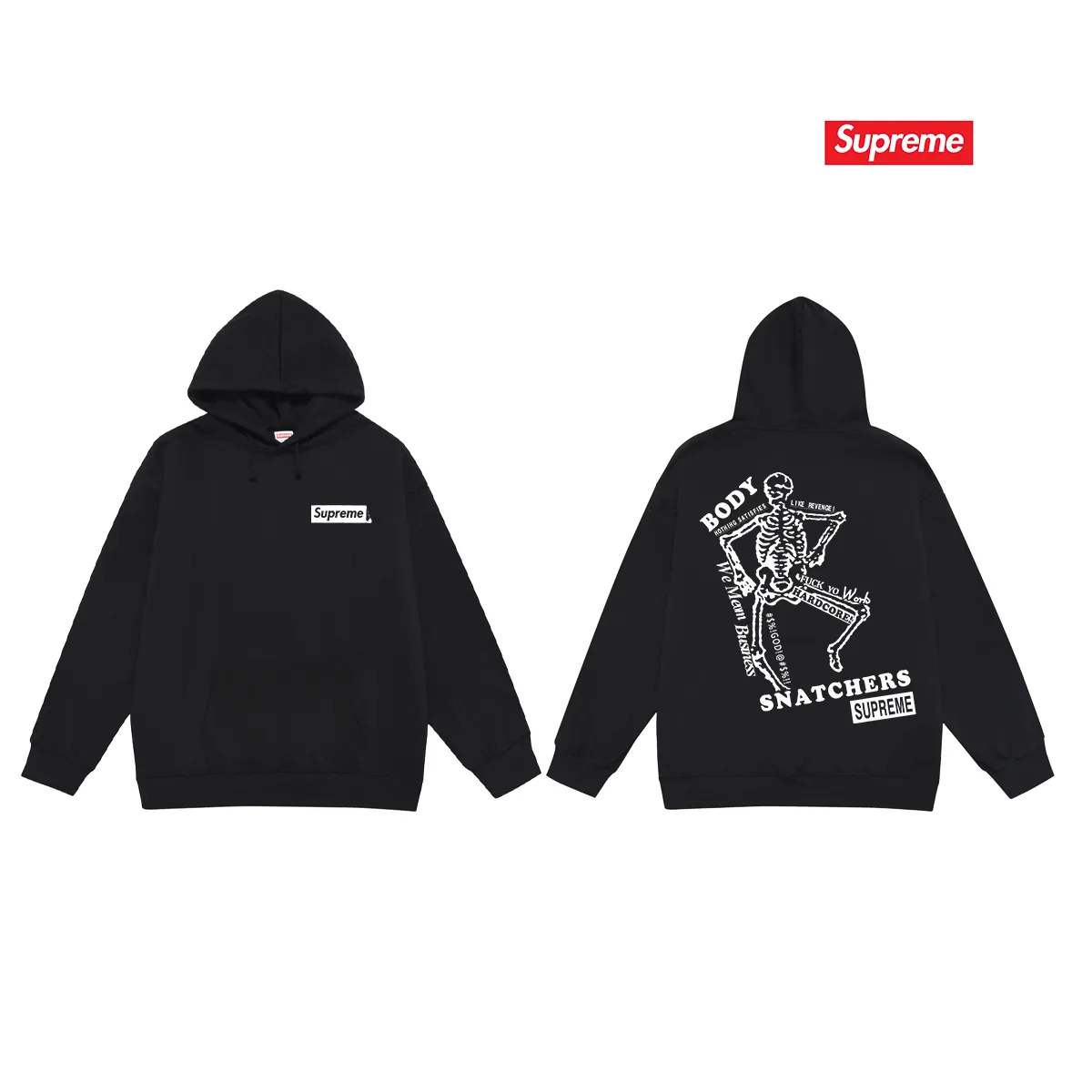 Style No. S2046 #terry P160💰 Velvet P170💰 Supreme SS23 Week9 BODY SNATCHERS TEE Classic boxlogo back skull print hooded sweatshirt Made of 400g large terry 430g silver fox velvet (drop shoulder large version) fabric, soft texture and no pilling, imported environmentally friendly printing glue, bright and three-dimensional pattern, quality 💥 Unisex style, the upper body is trendy Color: Black White Gray Size: S M L XL XXL