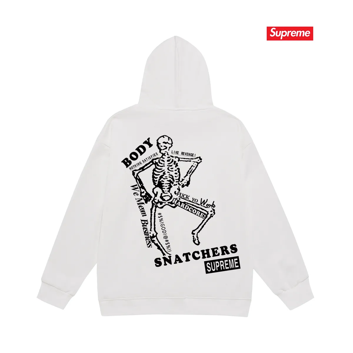 Style No. S2046 #terry P160💰 Velvet P170💰 Supreme SS23 Week9 BODY SNATCHERS TEE Classic boxlogo back skull print hooded sweatshirt Made of 400g large terry 430g silver fox velvet (drop shoulder large version) fabric, soft texture and no pilling, imported environmentally friendly printing glue, bright and three-dimensional pattern, quality 💥 Unisex style, the upper body is trendy Color: Black White Gray Size: S M L XL XXL
