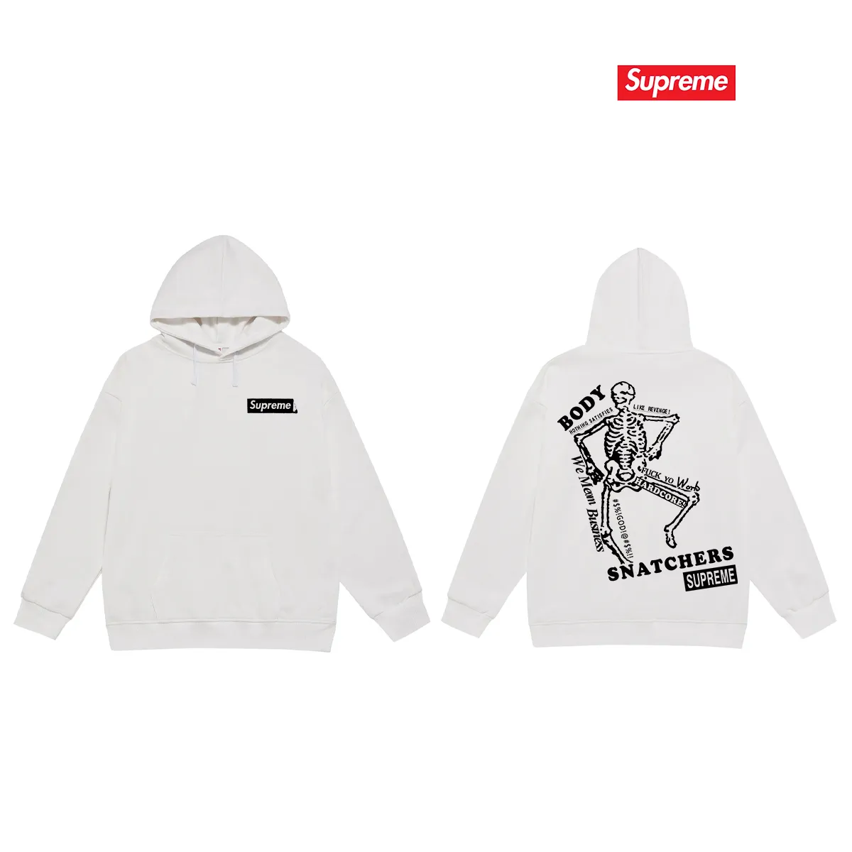 Style No. S2046 #terry P160💰 Velvet P170💰 Supreme SS23 Week9 BODY SNATCHERS TEE Classic boxlogo back skull print hooded sweatshirt Made of 400g large terry 430g silver fox velvet (drop shoulder large version) fabric, soft texture and no pilling, imported environmentally friendly printing glue, bright and three-dimensional pattern, quality 💥 Unisex style, the upper body is trendy Color: Black White Gray Size: S M L XL XXL