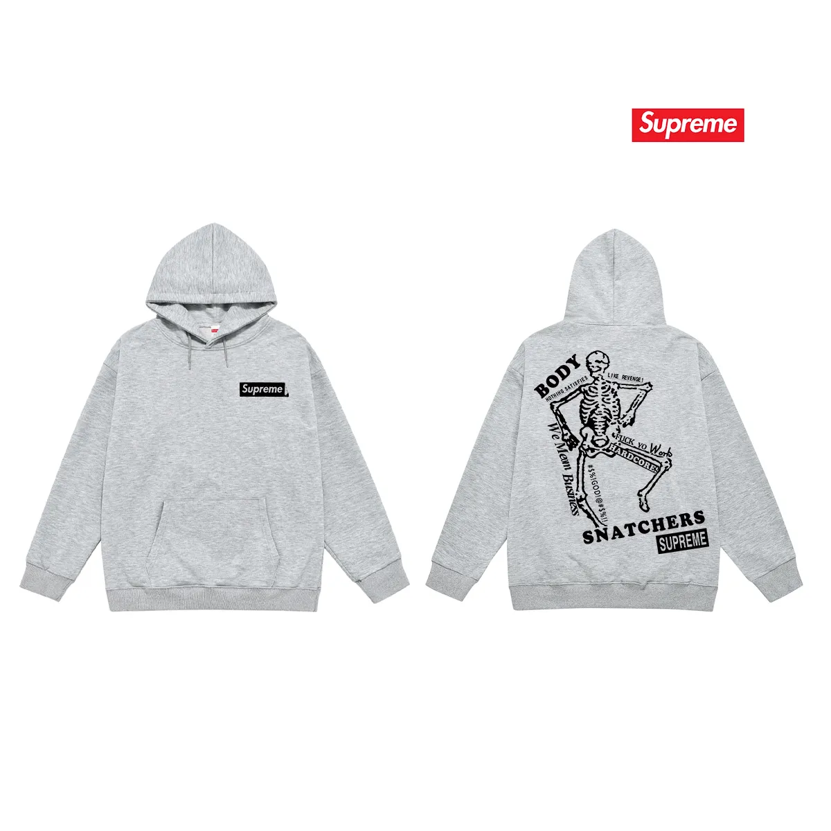 Style No. S2046 #terry P160💰 Velvet P170💰 Supreme SS23 Week9 BODY SNATCHERS TEE Classic boxlogo back skull print hooded sweatshirt Made of 400g large terry 430g silver fox velvet (drop shoulder large version) fabric, soft texture and no pilling, imported environmentally friendly printing glue, bright and three-dimensional pattern, quality 💥 Unisex style, the upper body is trendy Color: Black White Gray Size: S M L XL XXL