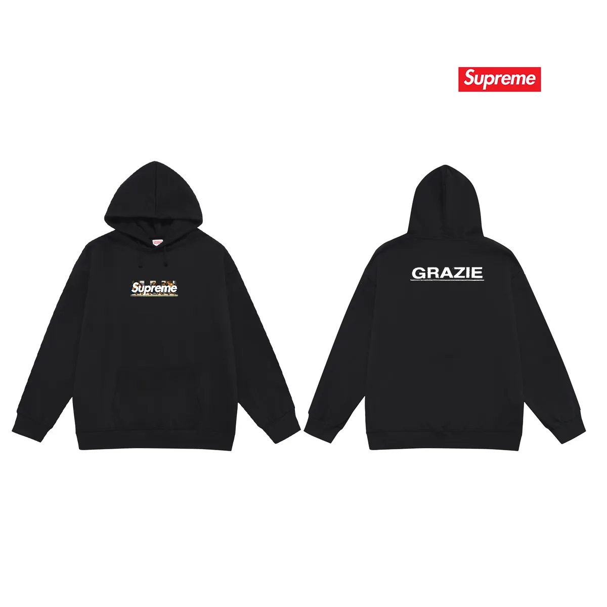 Style No. S2072 #terry P160💰 Velvet P170💰 Supreme Week 11 Milan Last Supper Milan opening limited edition Leonardo da Vinci’s Last Supper hooded sweatshirt Made of 400g large terry 430g silver fox velvet (drop shoulder large version) fabric, soft texture and no pilling Imported environmentally friendly printing glue The pattern is bright and three-dimensional Quality 💥Same style for men and women The upper body is trendy Color: black white Gray Size: S M L XL XXL