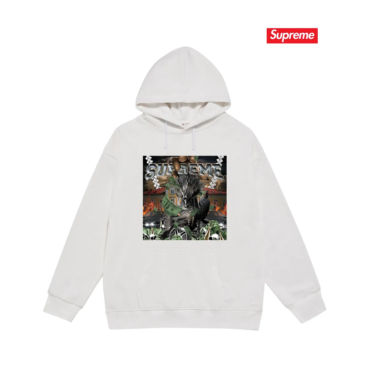 Style number S2022 #terry P160💰 Velvet P170💰 Supreme Week 8 Dragon Tee mechanical dragon print hooded sweatshirt Made of 400g large terry 430g silver fox velvet (drop shoulder large version) fabric, soft texture and no pilling Imported environmentally friendly printing glue The pattern is bright and three-dimensional Quality 💥Same style for men and women The upper body is fashionable Color: black white gray Size: S M L XL XXL