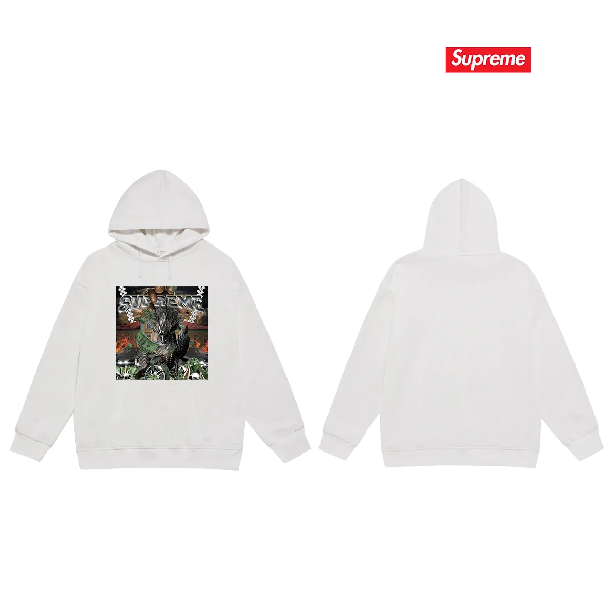 Style number S2022 #terry P160💰 Velvet P170💰 Supreme Week 8 Dragon Tee mechanical dragon print hooded sweatshirt Made of 400g large terry 430g silver fox velvet (drop shoulder large version) fabric, soft texture and no pilling Imported environmentally friendly printing glue The pattern is bright and three-dimensional Quality 💥Same style for men and women The upper body is fashionable Color: black white gray Size: S M L XL XXL
