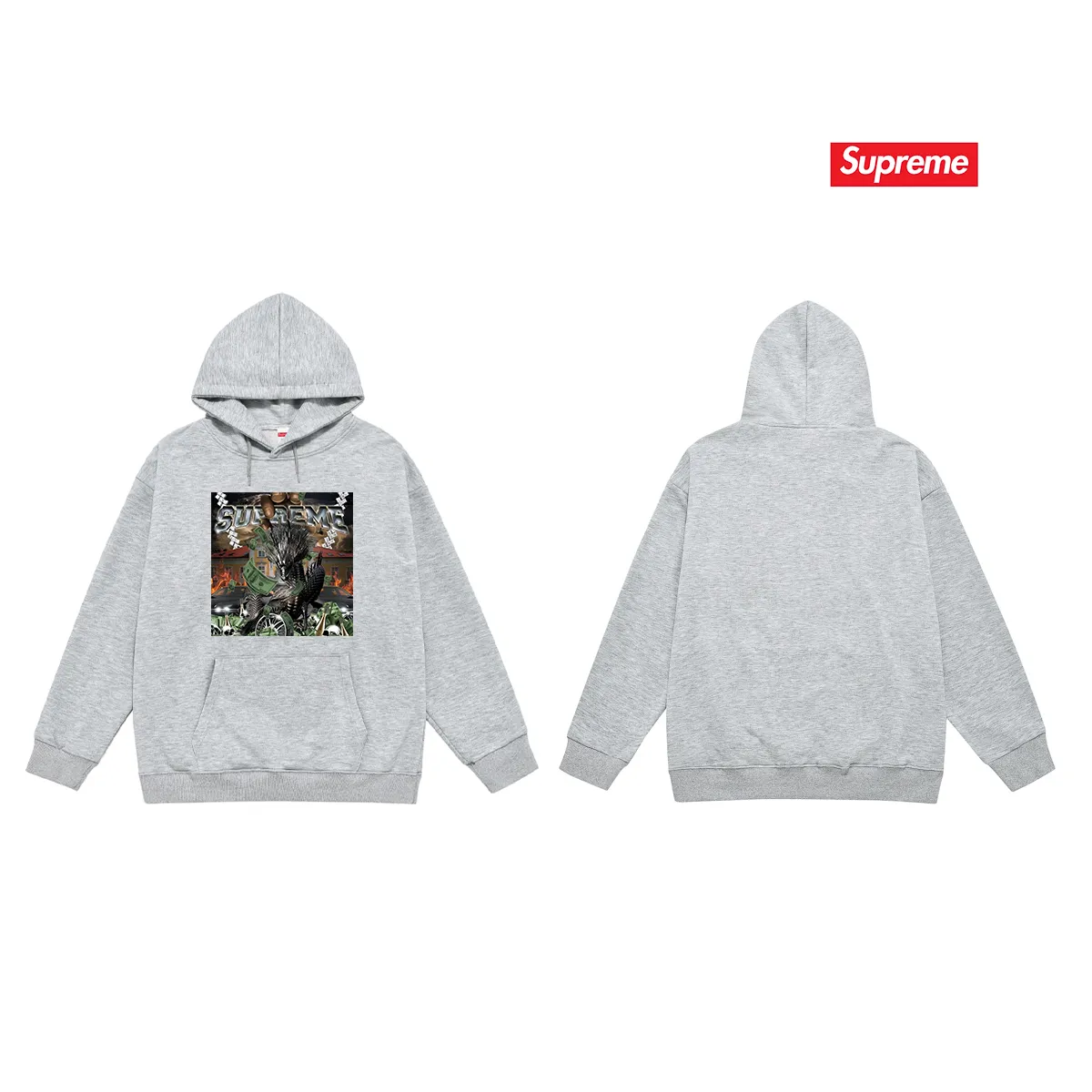 Style number S2022 #terry P160💰 Velvet P170💰 Supreme Week 8 Dragon Tee mechanical dragon print hooded sweatshirt Made of 400g large terry 430g silver fox velvet (drop shoulder large version) fabric, soft texture and no pilling Imported environmentally friendly printing glue The pattern is bright and three-dimensional Quality 💥Same style for men and women The upper body is fashionable Color: black white gray Size: S M L XL XXL