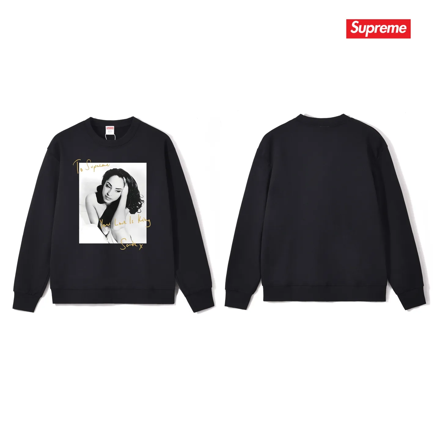 Style No. S1189 #terryp150💰 Velvet 160💰 Supreme 17SS Sade Tee Sade singer character photo signature round neck sweatshirt Made of 400 grams of large terry (drop shoulder large version) fabric, soft texture and no pilling Imported environmentally friendly printing glue The pattern is bright and three-dimensional Quality 💥 Same style for men and women The upper body is fashionable Color: black white gray Size: S M L XL XXL