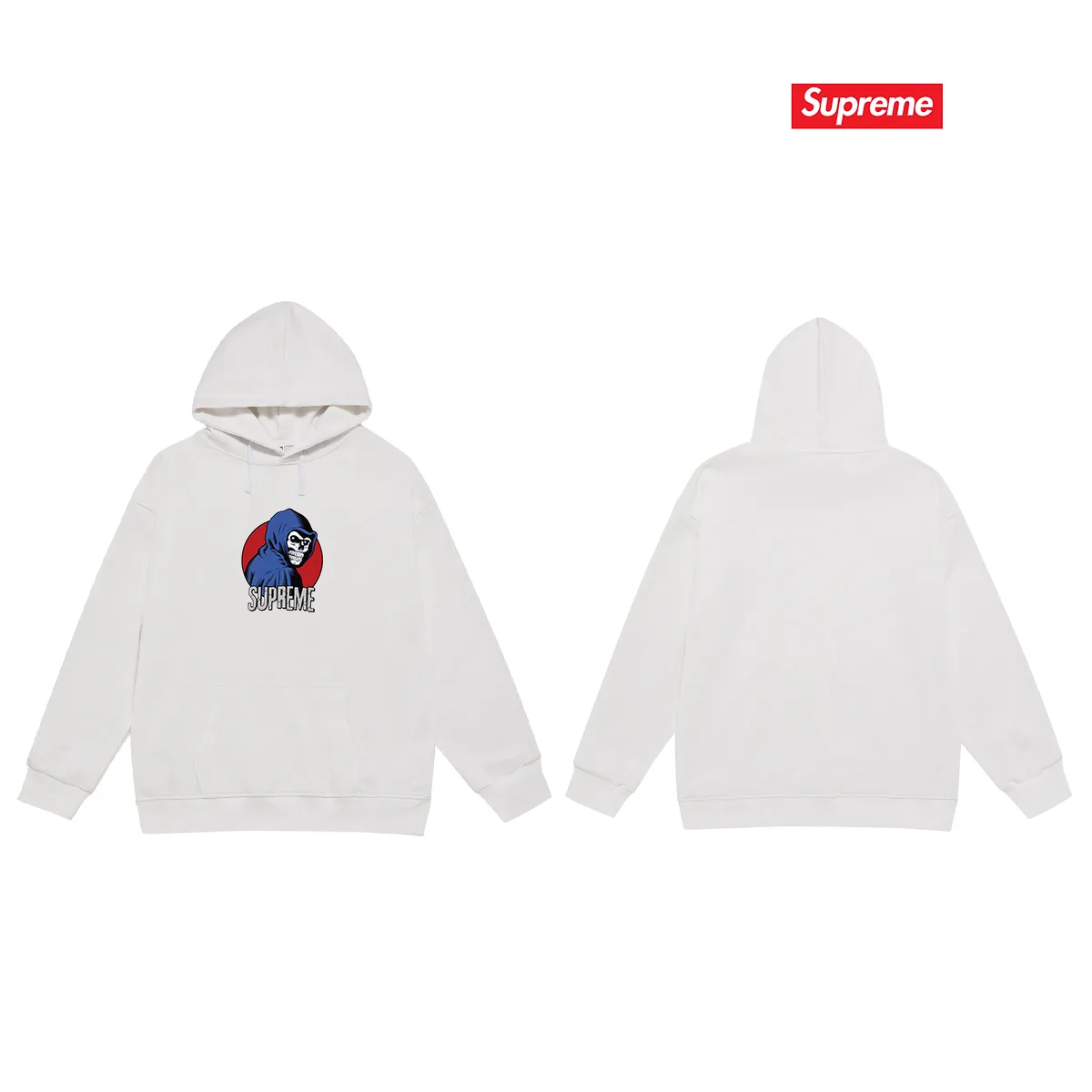 Style No. S2106 #terry P160💰 Velvet P170💰 Supreme SS23 Week1REAPERTEE death print hooded sweatshirt Made of 400g large terry 430g silver fox velvet (drop shoulder large version) fabric, soft texture and no pilling Imported environmentally friendly printing glue The pattern is bright and three-dimensional Quality 💥Same style for men and women The upper body is trendy Color: black white gray Size: S M L XL XXL