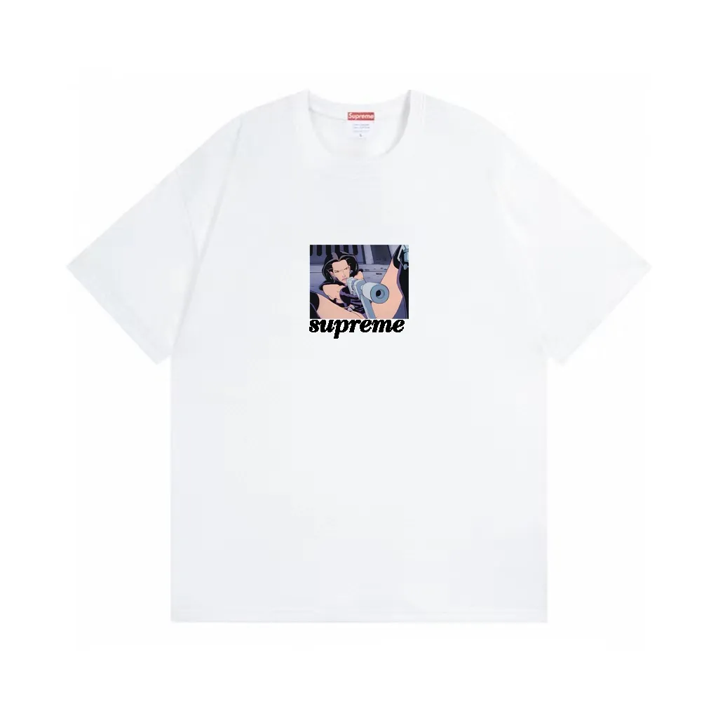 #S97 p110💰 Supreme SS22 Week6 xAeon Flux co-branded Gun Tee Magic Warrior cartoon letter print. Loose fit. Made of 260g combed cotton double yarn. All three standards are complete from fabrics to accessories. ZP. Imported Matsui company slurry printing will never crack. The whole piece is made with three-needle five-thread technology. The neckline-shoulder seam-sleeve seam is double-lined, which looks more three-dimensional and textured. The same process as the original version, classic fit. Feel free to compare zp. The whole piece adopts three-needle five-thread craftsmanship. The neckline-shoulder seam-sleeve seam is double-threaded, which looks more three-dimensional and textured.) It has the same craftsmanship as the authentic original, classic version. Color: White Black Brown Size: S M L XL XXL