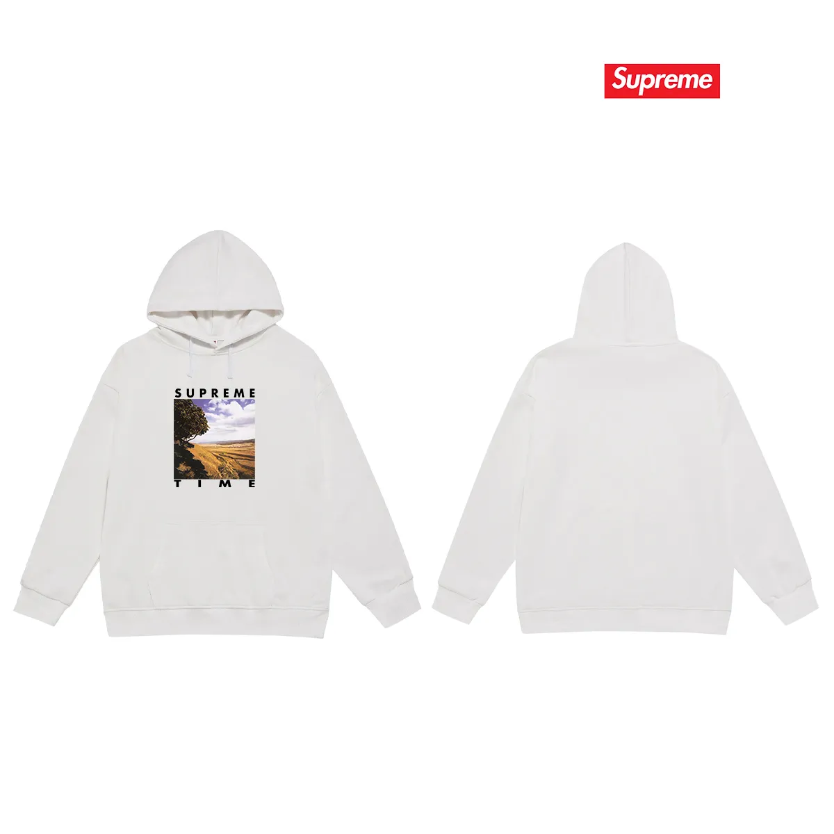 Style No. S2039 #terry P160💰 Velvet P170💰 Supreme Week 8 Time Tee Rural landscape pattern letter hooded sweatshirt Made of 400g large terry 430g silver fox velvet (drop shoulder large version) fabric, soft texture and no pilling Imported environmentally friendly printing glue The pattern is bright and three-dimensional Quality 💥Same style for men and women The upper body is trendy Color: black white gray Size: S M L XL XXL