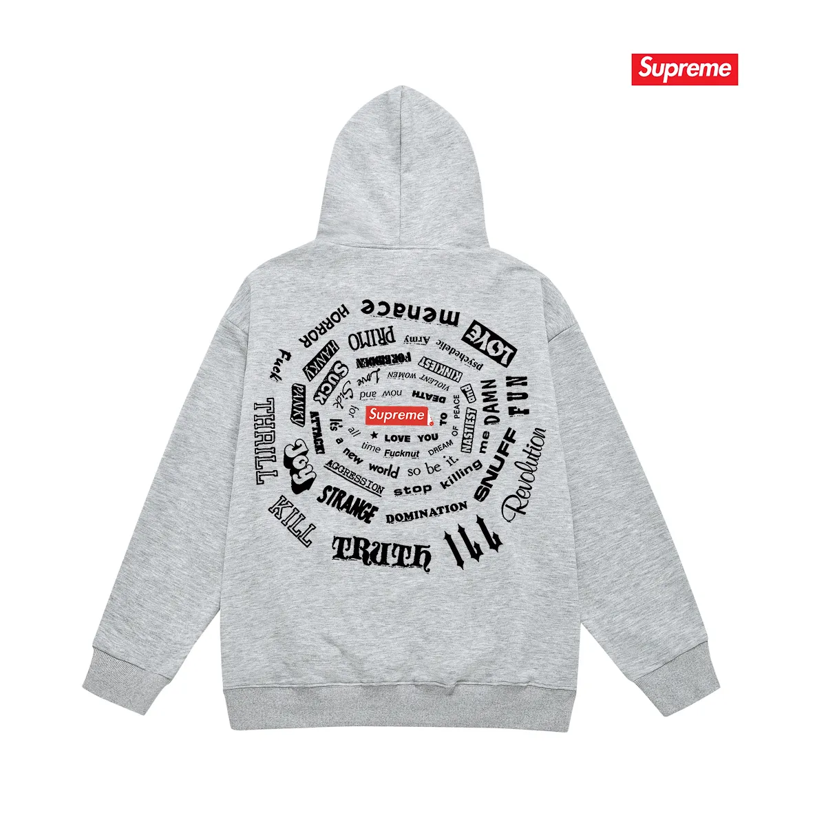 Style No. S2059 #terry P160💰 Velvet P170💰 Supreme SS21 Spiral Tee Spiral Letter Unisex Hooded Sweatshirt Made of 400g large terry 430g silver fox velvet (off-shoulder large version) fabric, soft texture and non-pilling, imported environmentally friendly printing glue, bright and three-dimensional pattern, quality 💥same style for men and women, the upper body is trendy Color: black white gray Size: S M L XL XXL