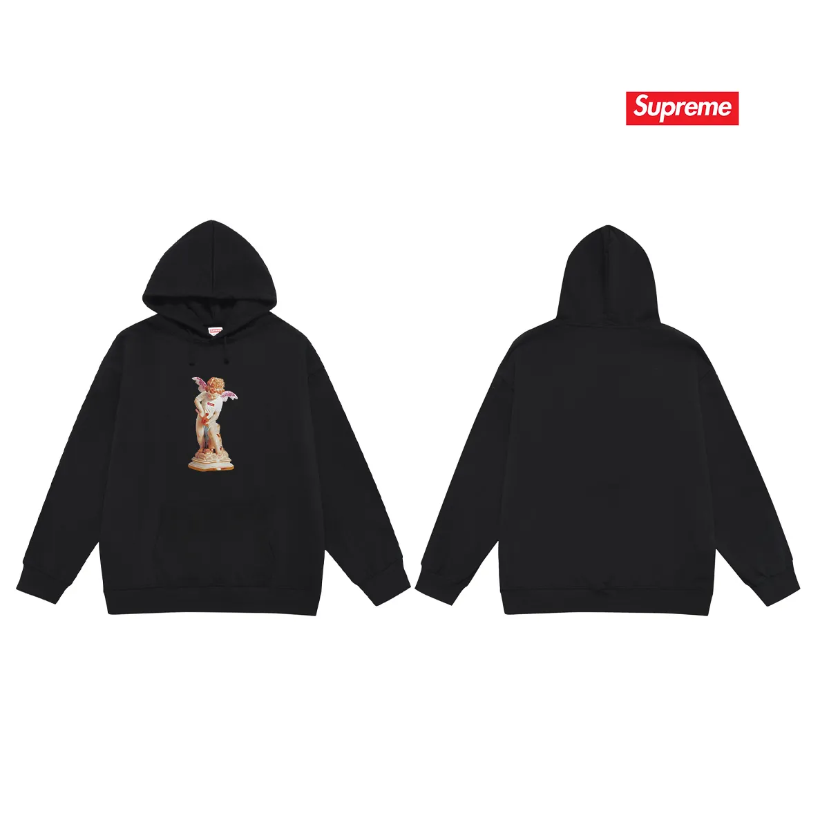 Style No. S2011 #terry P160💰 Velvet P170💰 Supreme SS19 Cupid Tee Navy angel print hooded sweatshirt Made of 400g large terry 430g silver fox velvet (drop shoulder large version) fabric, soft texture and no pilling Imported environmentally friendly printing glue The pattern is bright and three-dimensional Quality 💥Same style for men and women The upper body is trendy Color: black white gray Size: S M L XL XXL