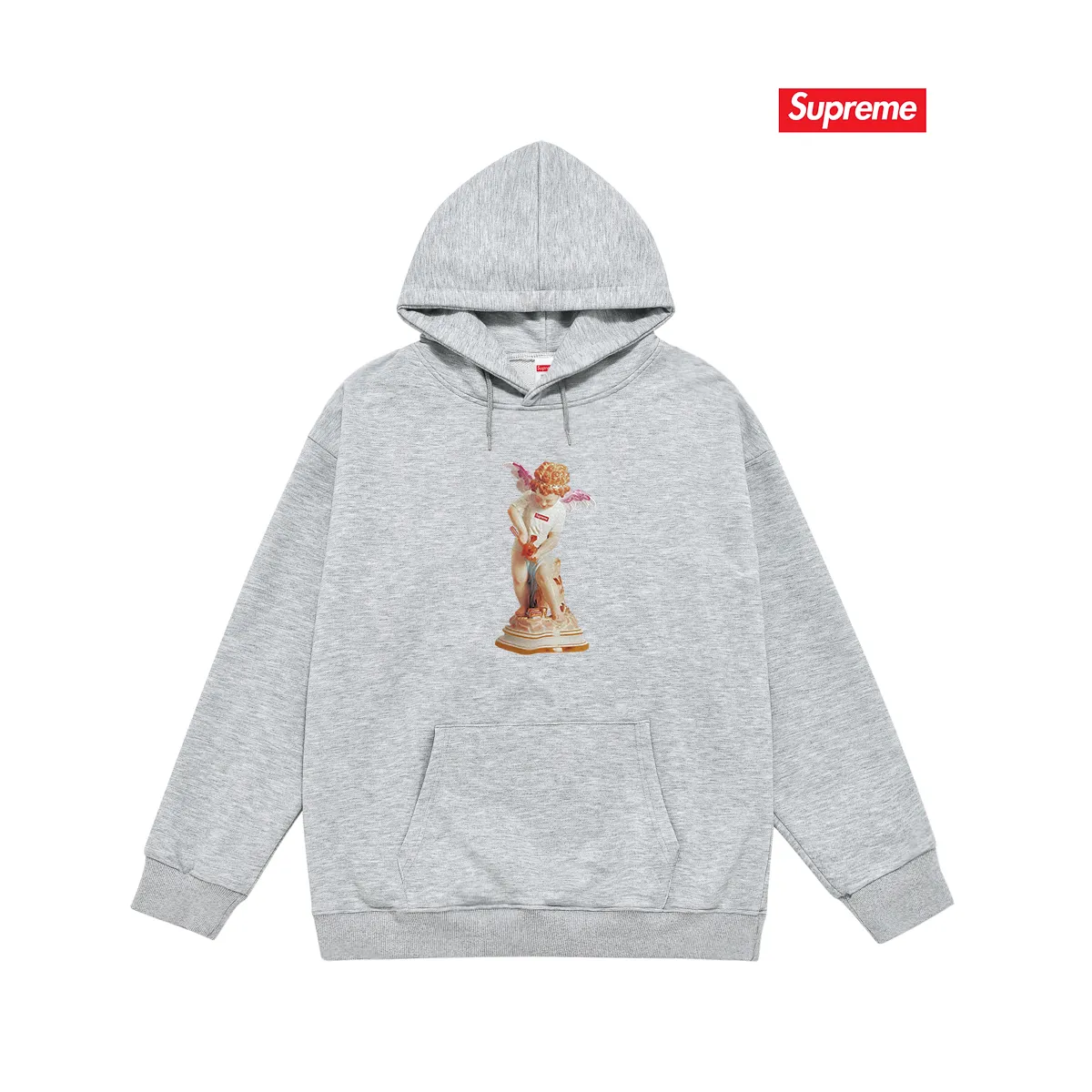 Style No. S2011 #terry P160💰 Velvet P170💰 Supreme SS19 Cupid Tee Navy angel print hooded sweatshirt Made of 400g large terry 430g silver fox velvet (drop shoulder large version) fabric, soft texture and no pilling Imported environmentally friendly printing glue The pattern is bright and three-dimensional Quality 💥Same style for men and women The upper body is trendy Color: black white gray Size: S M L XL XXL