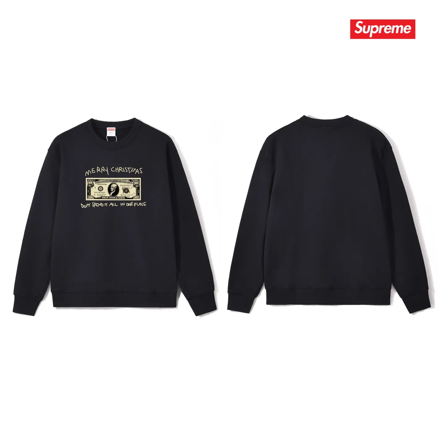 Style No. S1124 #terry p150💰 Velvet 160💰 Supreme 21FW SPEND IT TEE dollar Christmas printed round neck sweatshirt Made of 400 grams of large terry (drop shoulder large version) fabric, soft texture and no pilling Imported environmentally friendly printing glue The pattern is bright and three-dimensional Quality 💥Male and female style The upper body is trendy Color: black white gray Size: S M L XL XXL
