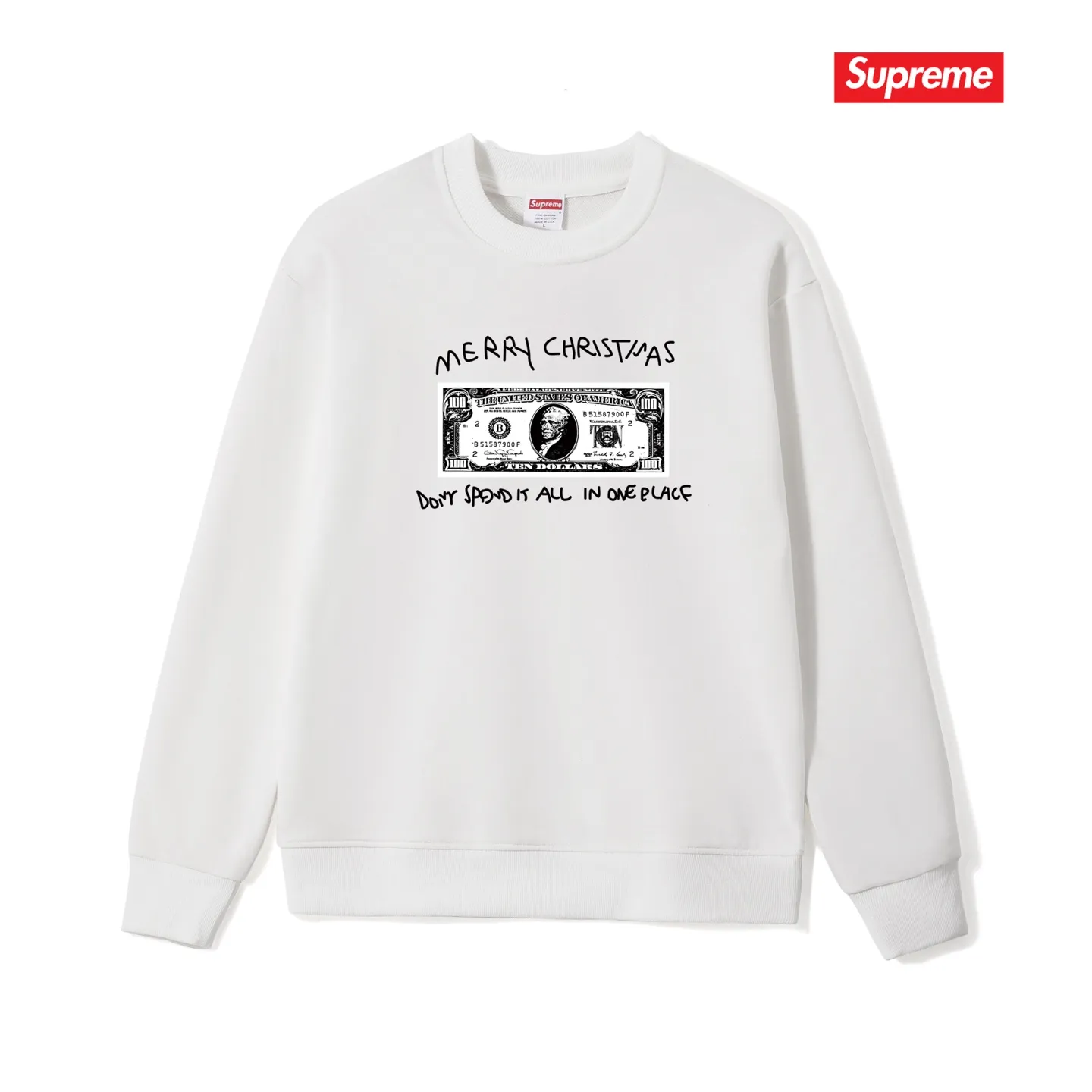 Style No. S1124 #terry p150💰 Velvet 160💰 Supreme 21FW SPEND IT TEE dollar Christmas printed round neck sweatshirt Made of 400 grams of large terry (drop shoulder large version) fabric, soft texture and no pilling Imported environmentally friendly printing glue The pattern is bright and three-dimensional Quality 💥Male and female style The upper body is trendy Color: black white gray Size: S M L XL XXL