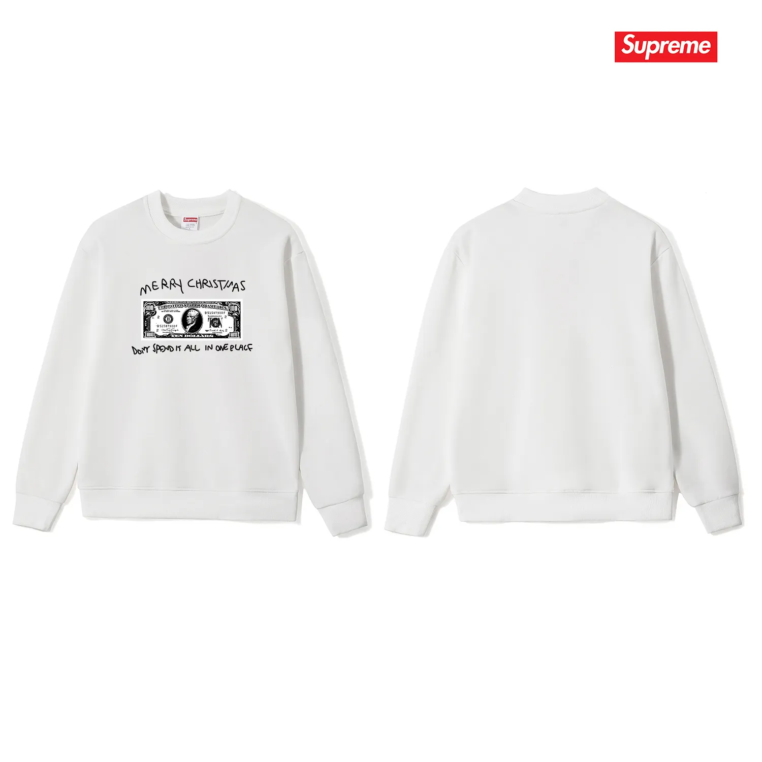 Style No. S1124 #terry p150💰 Velvet 160💰 Supreme 21FW SPEND IT TEE dollar Christmas printed round neck sweatshirt Made of 400 grams of large terry (drop shoulder large version) fabric, soft texture and no pilling Imported environmentally friendly printing glue The pattern is bright and three-dimensional Quality 💥Male and female style The upper body is trendy Color: black white gray Size: S M L XL XXL