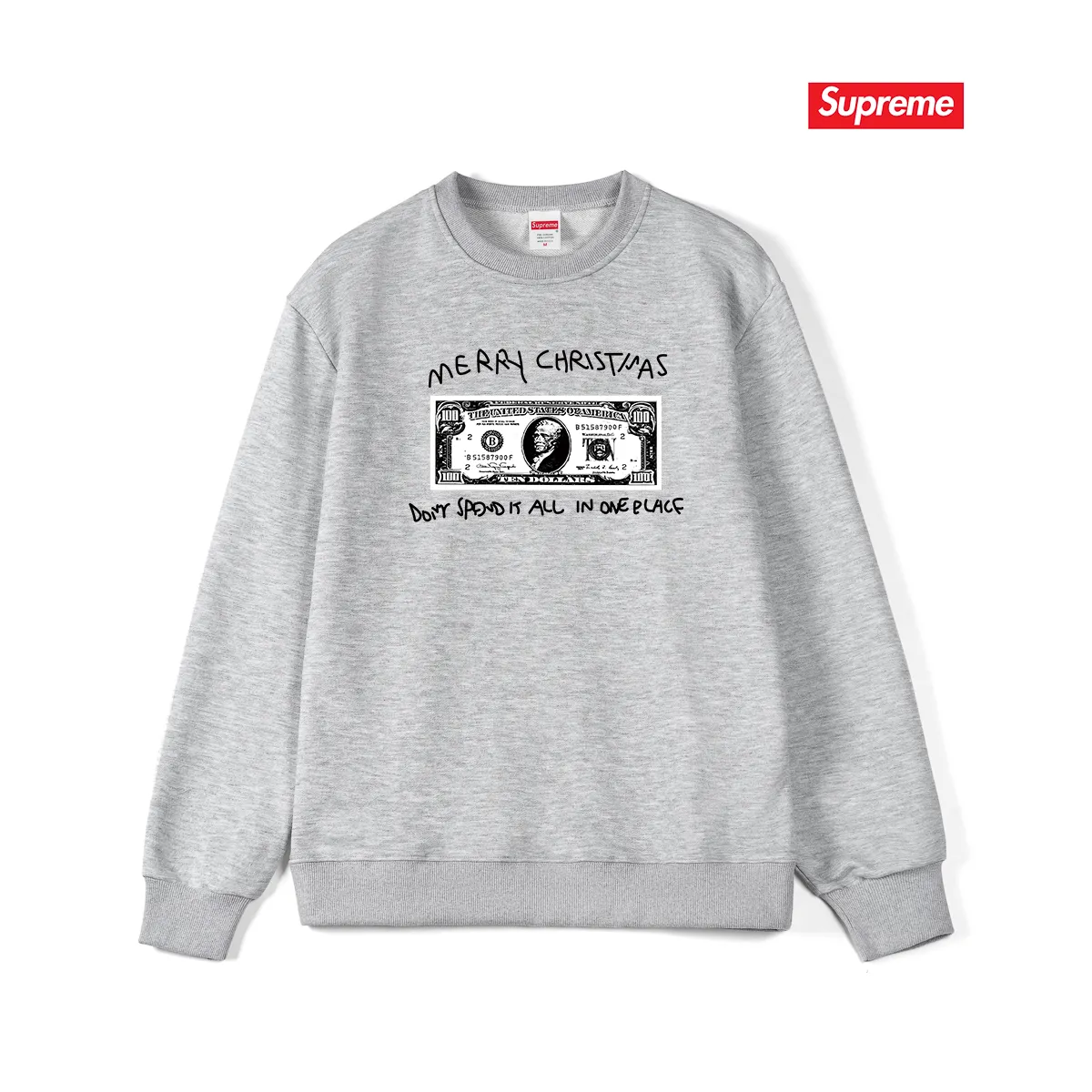 Style No. S1124 #terry p150💰 Velvet 160💰 Supreme 21FW SPEND IT TEE dollar Christmas printed round neck sweatshirt Made of 400 grams of large terry (drop shoulder large version) fabric, soft texture and no pilling Imported environmentally friendly printing glue The pattern is bright and three-dimensional Quality 💥Male and female style The upper body is trendy Color: black white gray Size: S M L XL XXL