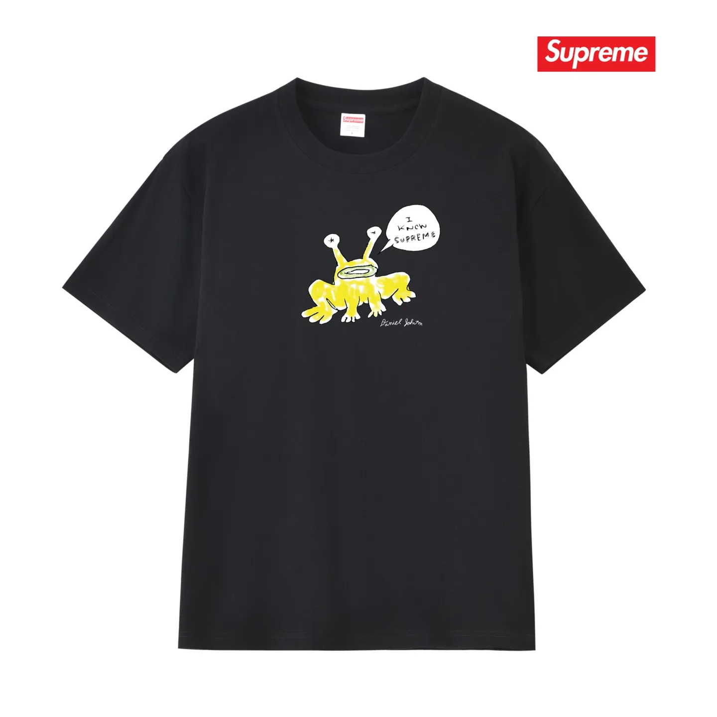S194 P110💰 Sup Daniel Johnston Frog Tee co-branded Alien Frog round neck cartoon short-sleeved T-shirt. Loose fit. Made of 260g combed cotton double yarn. All three standards are complete from fabrics to accessories. ZP. Imported Matsui company slurry printing will never crack. The whole piece adopts three-needle five-thread process. The neckline-shoulder seam-sleeve seam is double-lined, which looks more three-dimensional and textured.) The same process as the original version, classic version Feel free to compare zp. The whole piece adopts three-needle five-thread craftsmanship (neckline-shoulder seam-sleeve seam double thread, which looks more three-dimensional and textured). It has the same craftsmanship as the original original, classic version. Color: black, white, light gray, pink, navy. Size: S M L XL XXL