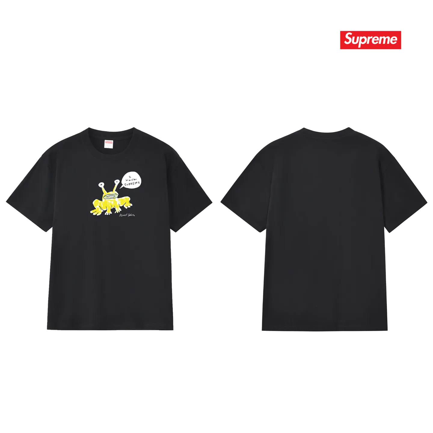 S194 P110💰 Sup Daniel Johnston Frog Tee co-branded Alien Frog round neck cartoon short-sleeved T-shirt. Loose fit. Made of 260g combed cotton double yarn. All three standards are complete from fabrics to accessories. ZP. Imported Matsui company slurry printing will never crack. The whole piece adopts three-needle five-thread process. The neckline-shoulder seam-sleeve seam is double-lined, which looks more three-dimensional and textured.) The same process as the original version, classic version Feel free to compare zp. The whole piece adopts three-needle five-thread craftsmanship (neckline-shoulder seam-sleeve seam double thread, which looks more three-dimensional and textured). It has the same craftsmanship as the original original, classic version. Color: black, white, light gray, pink, navy. Size: S M L XL XXL