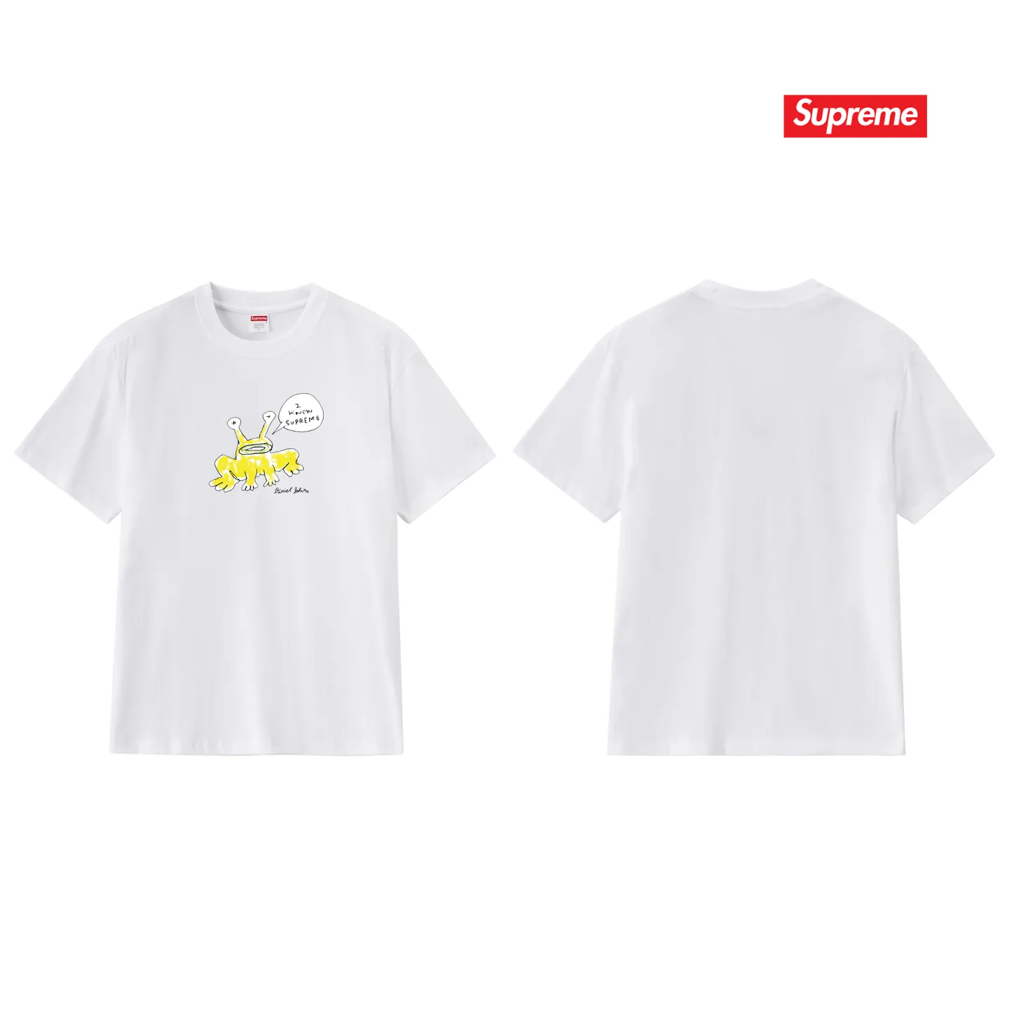 S194 P110💰 Sup Daniel Johnston Frog Tee co-branded Alien Frog round neck cartoon short-sleeved T-shirt. Loose fit. Made of 260g combed cotton double yarn. All three standards are complete from fabrics to accessories. ZP. Imported Matsui company slurry printing will never crack. The whole piece adopts three-needle five-thread process. The neckline-shoulder seam-sleeve seam is double-lined, which looks more three-dimensional and textured.) The same process as the original version, classic version Feel free to compare zp. The whole piece adopts three-needle five-thread craftsmanship (neckline-shoulder seam-sleeve seam double thread, which looks more three-dimensional and textured). It has the same craftsmanship as the original original, classic version. Color: black, white, light gray, pink, navy. Size: S M L XL XXL