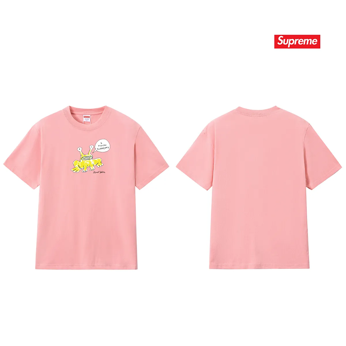 S194 P110💰 Sup Daniel Johnston Frog Tee co-branded Alien Frog round neck cartoon short-sleeved T-shirt. Loose fit. Made of 260g combed cotton double yarn. All three standards are complete from fabrics to accessories. ZP. Imported Matsui company slurry printing will never crack. The whole piece adopts three-needle five-thread process. The neckline-shoulder seam-sleeve seam is double-lined, which looks more three-dimensional and textured.) The same process as the original version, classic version Feel free to compare zp. The whole piece adopts three-needle five-thread craftsmanship (neckline-shoulder seam-sleeve seam double thread, which looks more three-dimensional and textured). It has the same craftsmanship as the original original, classic version. Color: black, white, light gray, pink, navy. Size: S M L XL XXL