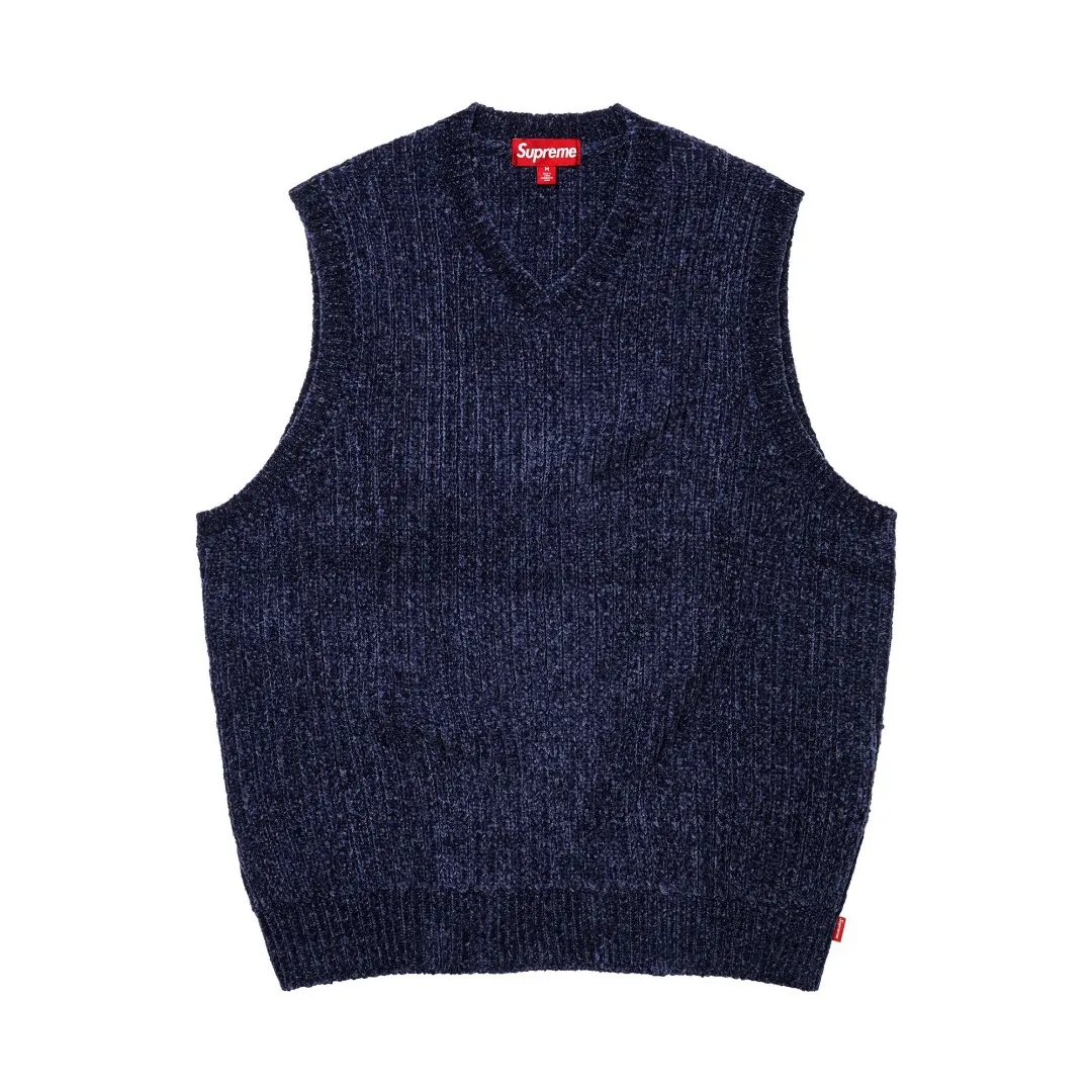 🅿️260 S272 top version Supreme 24FW CHENILLE SWEATER VEST chenille sweater vest OS version same style for men and women Customized YB texture wash mark Wool: 26 count chenille wool Weaving method: matrix knitting Number of needles: multi-gauge Machine: German STOLL computerized flat knitting machine Size: S~XL Color: black blue