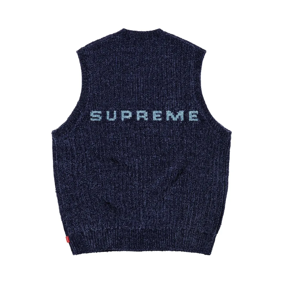 🅿️260 S272 top version Supreme 24FW CHENILLE SWEATER VEST chenille sweater vest OS version same style for men and women Customized YB texture wash mark Wool: 26 count chenille wool Weaving method: matrix knitting Number of needles: multi-gauge Machine: German STOLL computerized flat knitting machine Size: S~XL Color: black blue