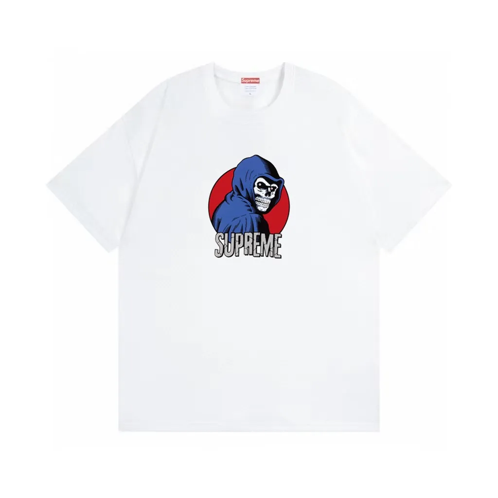 #S106 p110💰 Supreme SS23 Week1REAPERTEE Death print Loose version Made of 260 grams of combed cotton double yarn, all three standards from fabrics to accessories are complete and follow ZP Imported Matsui company slurry printing will never crack The whole piece adopts three-needle five-thread technology The neckline-shoulder seam-sleeve seam is double-lined, looking more three-dimensional and textured) The same process as the original version, classic version Feel free to compare zp. The whole piece adopts three-needle five-thread craftsmanship (neckline-shoulder seam-sleeve seam double thread, which looks more three-dimensional and textured). It has the same craftsmanship as the original original, classic version. Color: White, Black, Brown, Pink, Dark Green, Light Blue. Size: S M L XL XXL