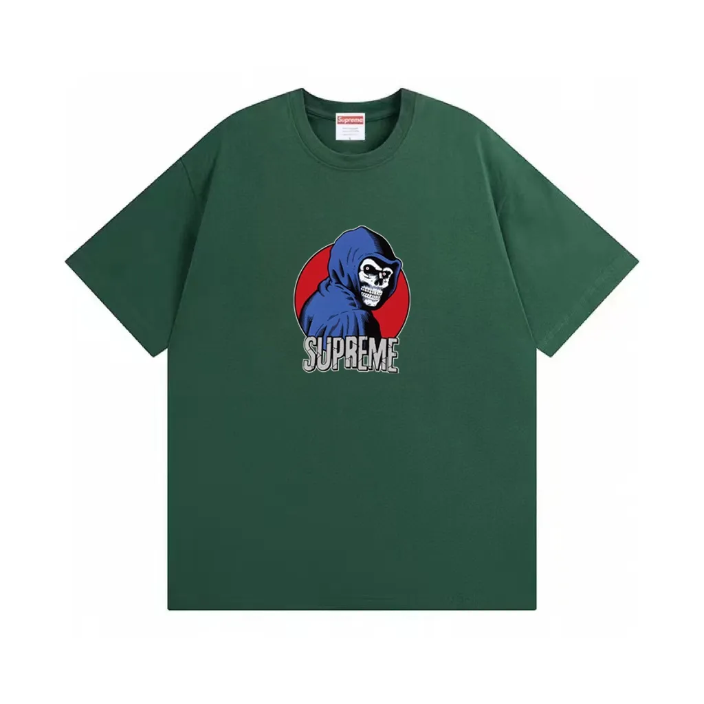 #S106 p110💰 Supreme SS23 Week1REAPERTEE Death print Loose version Made of 260 grams of combed cotton double yarn, all three standards from fabrics to accessories are complete and follow ZP Imported Matsui company slurry printing will never crack The whole piece adopts three-needle five-thread technology The neckline-shoulder seam-sleeve seam is double-lined, looking more three-dimensional and textured) The same process as the original version, classic version Feel free to compare zp. The whole piece adopts three-needle five-thread craftsmanship (neckline-shoulder seam-sleeve seam double thread, which looks more three-dimensional and textured). It has the same craftsmanship as the original original, classic version. Color: White, Black, Brown, Pink, Dark Green, Light Blue. Size: S M L XL XXL