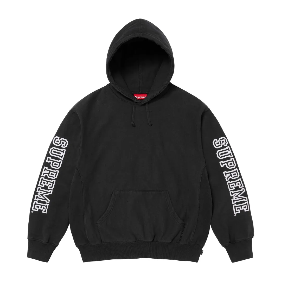 🅿️330 S263 top version Supreme 24FW COLLEGIATE SLEEVE HOODED letter printed sweatshirt 1. Fabric: ZP testing, custom weaving and dyeing, pure cotton 460G plus velvet main fabric, horizontal cutting 520G 2X2 thread 2. Printing: Printing uses thermoset ink printing, also known as plastic ink, or self-adhesive ink. Its ingredients are: mainly composed of polyvinyl chloride (PVC) and phthalates. PVC and phthalates, color fixing agents, stabilizers, and thickeners are mixed to form thermoset ink. It is not the digital direct printing promoted on the market. The printing texture of thermoset ink cannot be achieved by digital direct printing. 3. Sewing process: Twelve places of the whole garment are made of boneless splicing technology, processed by experienced foreign trade factories (ordinary factories cannot do it) 4. Hem and cuffs: all use 520G inelastic threads (low-end products use elastic threads to cause the hem and cuffs to appear wavy) 5. Customized ZP main label/wash water label/hangtag/packaging bag (equipped with an extra-large thickened handbag) Size: S~XL