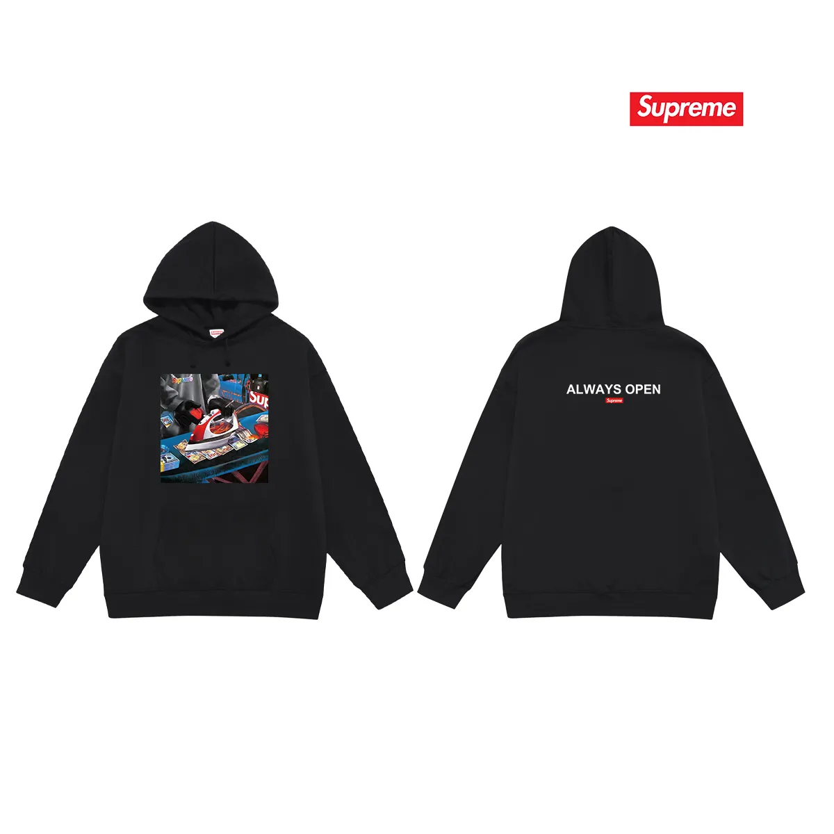 Style No. S2019 #terry P160💰 Velvet P170💰 Supreme SS22 Week 1 Gas Tee graphic print hooded sweatshirt Made of 400g large terry 430g silver fox velvet (off-shoulder large version) fabric, soft texture and no pilling Imported environmentally friendly printing glue The pattern is bright and three-dimensional Quality 💥Same style for men and women The upper body is trendy Color: black white gray Size: S M L XL XXL