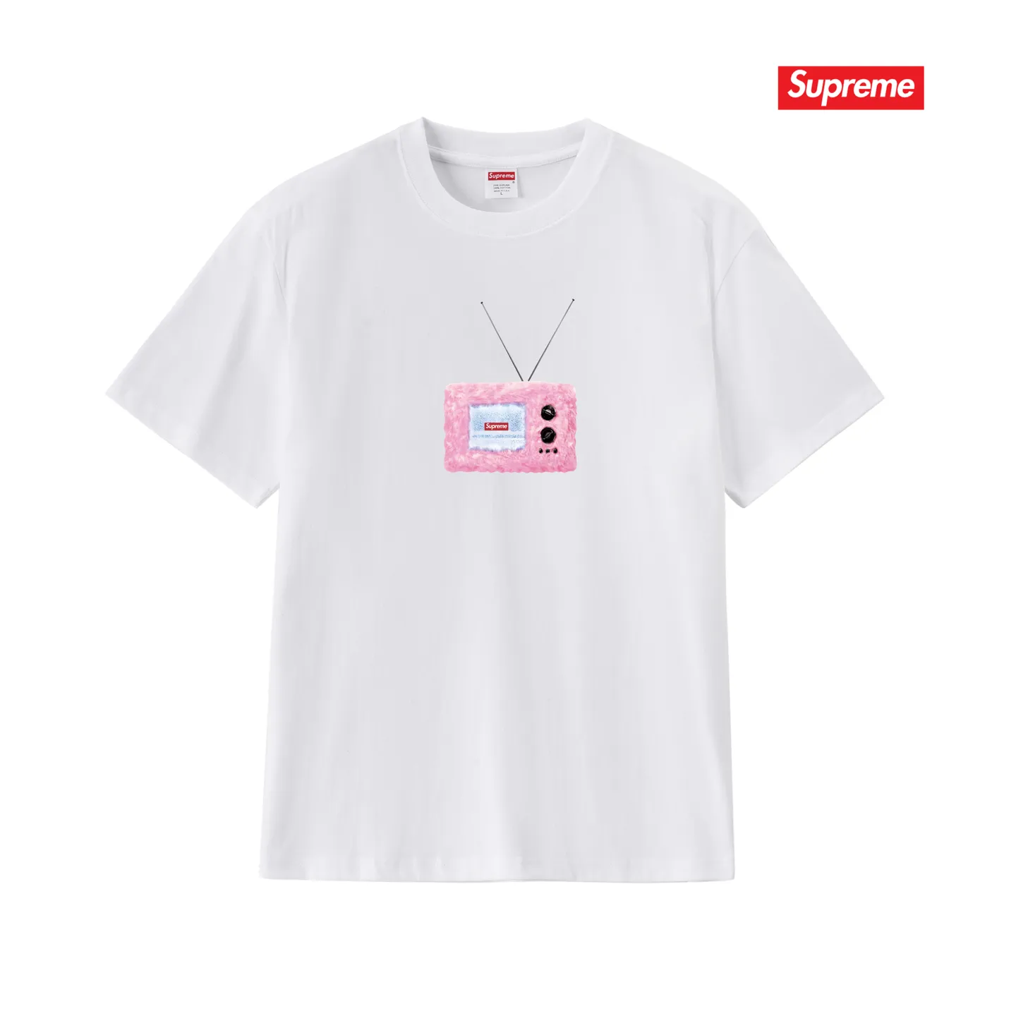 S256 P110💰 Supreme SS18 TV Tee White printed short-sleeved American trendy T-shirt. Same style for men and women. Loose fit. Made of 260g combed cotton double yarn. From fabric to accessories, all three standards are complete and follow ZP. The slurry printing imported from Matsui Company will never crack. The whole piece is made with three-needle five-thread technology. The neckline-shoulder seam-sleeve seam is double-lined, which looks more three-dimensional and textured. The same process as the original version, classic version. Feel free to compare zp. The whole piece adopts three-needle five-thread craftsmanship (neckline-shoulder seam-sleeve seam double thread, which looks more three-dimensional and textured). It has the same craftsmanship as the original original, classic version. Color: black, white, light gray, pink, navy. Size: S M L XL XXL