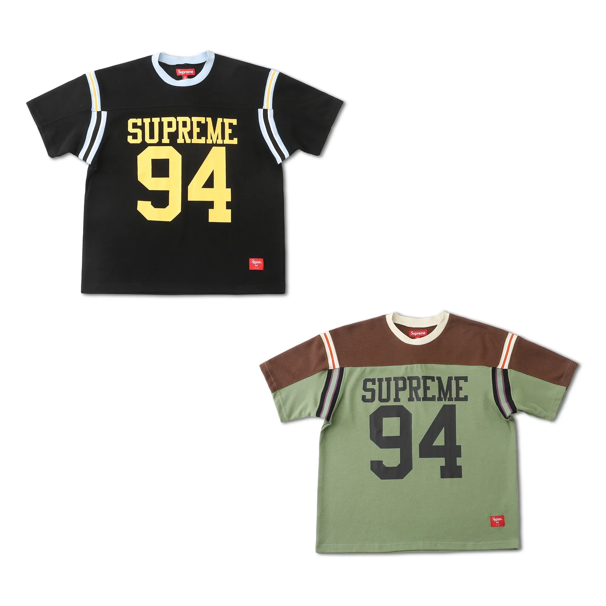 🅿️210 S302 Supreme 25 WEEK8 Split S/S Football Top patchwork pattern ribbed round neck short-sleeved American trendy football jersey for men and women. Original purchase and development! The color matching thread is customized at 1:1, and the accessories and details are all in place!  Color: Black Green Size: S M L