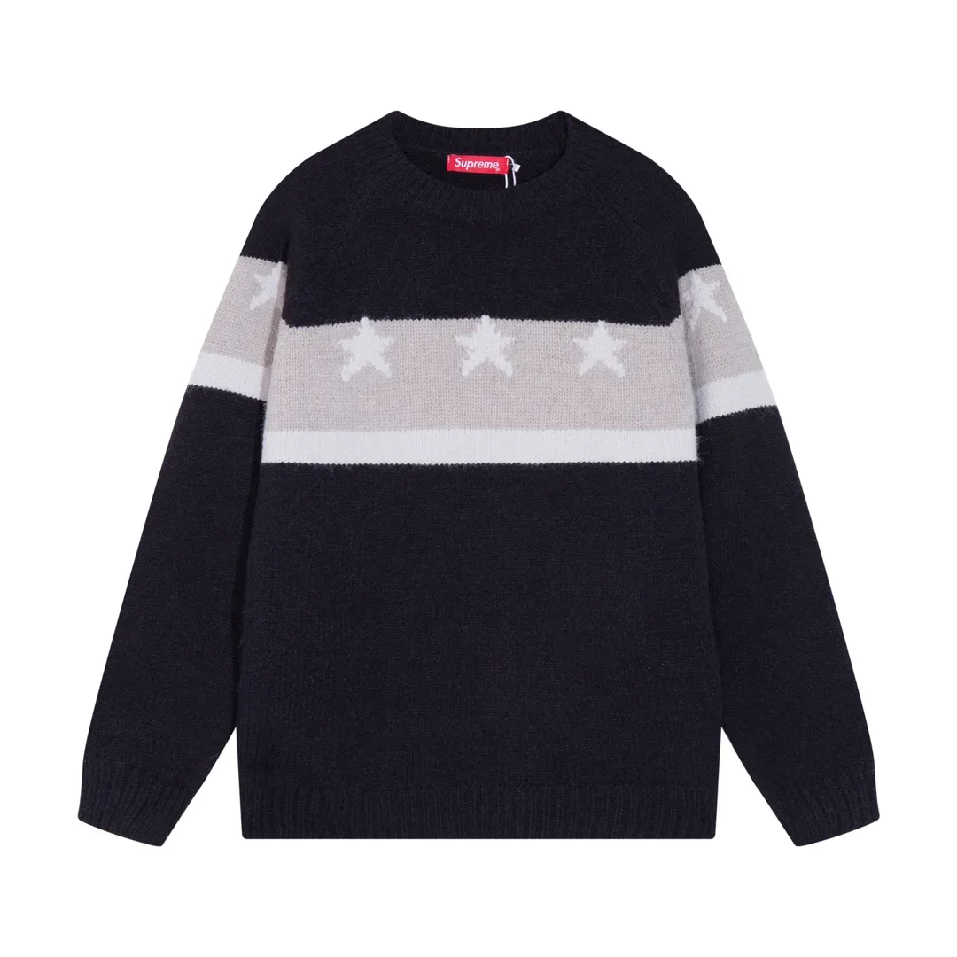 P300 Sup supreme chest striped five-pointed star jacquard crew neck sweater Color: black blue green Size: S M L XL XXL