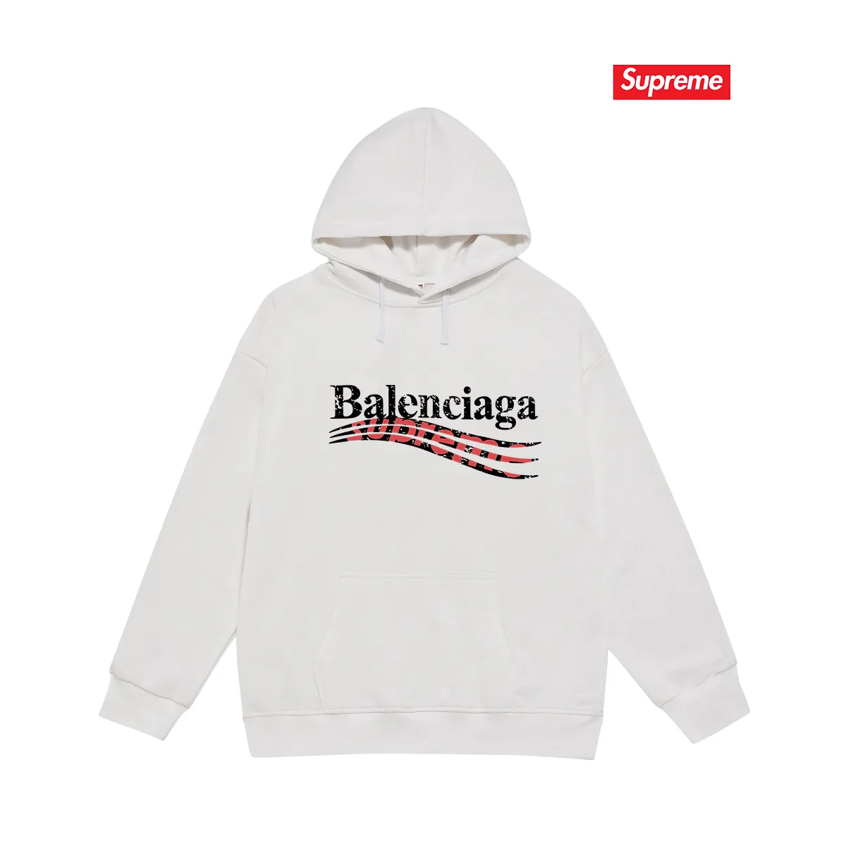Style No. S2004 #terry P160💰 Velvet P170💰 Balenciaga co-branded supreme printed hooded sweatshirt Made of 400g large terry 430g silver fox velvet (off-the-shoulder large version) fabric, soft and non-pilling, imported environmentally friendly printing glue, bright and three-dimensional pattern, quality 💥Same style for men and women. The upper body is trendy. Color: White Size: S M L XL XXL