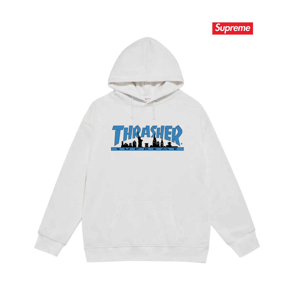 Style No. S2149 #terry P160💰 Velvet P170💰 SUP 72FW Thras Skyline Tee flame co-branded trendy men's hooded sweatshirt. Made of 400g large terry 430g silver fox velvet (drop shoulder large version) fabric. The texture is soft and non-pilling. Imported environmentally friendly printing glue. The pattern is bright and three-dimensional. Quality 💥Same style for men and women. The upper body is trendy. Color: black white gray Size: S M L XL XXL