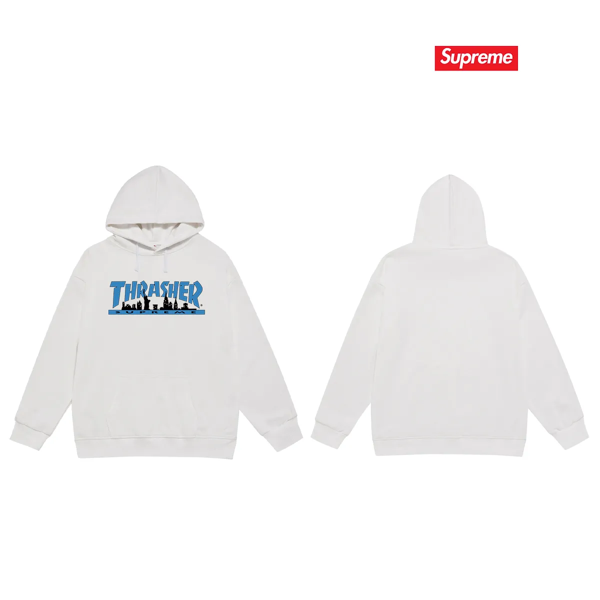 Style No. S2149 #terry P160💰 Velvet P170💰 SUP 72FW Thras Skyline Tee flame co-branded trendy men's hooded sweatshirt. Made of 400g large terry 430g silver fox velvet (drop shoulder large version) fabric. The texture is soft and non-pilling. Imported environmentally friendly printing glue. The pattern is bright and three-dimensional. Quality 💥Same style for men and women. The upper body is trendy. Color: black white gray Size: S M L XL XXL