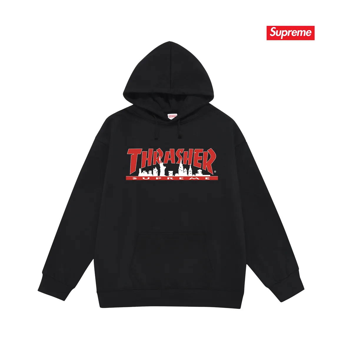 Style No. S2149 #terry P160💰 Velvet P170💰 SUP 72FW Thras Skyline Tee flame co-branded trendy men's hooded sweatshirt. Made of 400g large terry 430g silver fox velvet (drop shoulder large version) fabric. The texture is soft and non-pilling. Imported environmentally friendly printing glue. The pattern is bright and three-dimensional. Quality 💥Same style for men and women. The upper body is trendy. Color: black white gray Size: S M L XL XXL