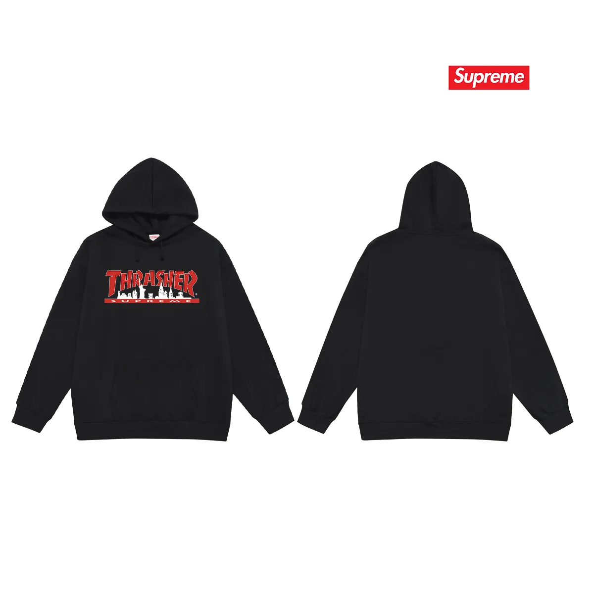 Style No. S2149 #terry P160💰 Velvet P170💰 SUP 72FW Thras Skyline Tee flame co-branded trendy men's hooded sweatshirt. Made of 400g large terry 430g silver fox velvet (drop shoulder large version) fabric. The texture is soft and non-pilling. Imported environmentally friendly printing glue. The pattern is bright and three-dimensional. Quality 💥Same style for men and women. The upper body is trendy. Color: black white gray Size: S M L XL XXL
