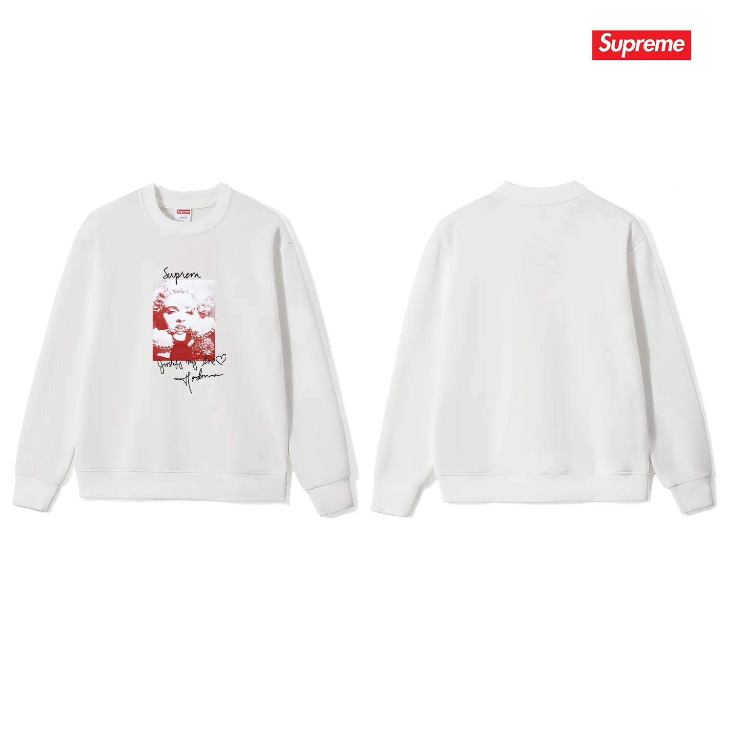 Style No. S1206 #terry p150💰 Velvet 160💰 Supreme FW18 Madonna Tee Navy Madonna printed round neck sweatshirt Made of 400 grams of large terry (drop shoulder large version) fabric, soft texture and no pilling Imported environmentally friendly printing glue The pattern is bright and three-dimensional Quality💥Same style for men and women The upper body is trendy Color: black white gray Size: S M L XL XXL