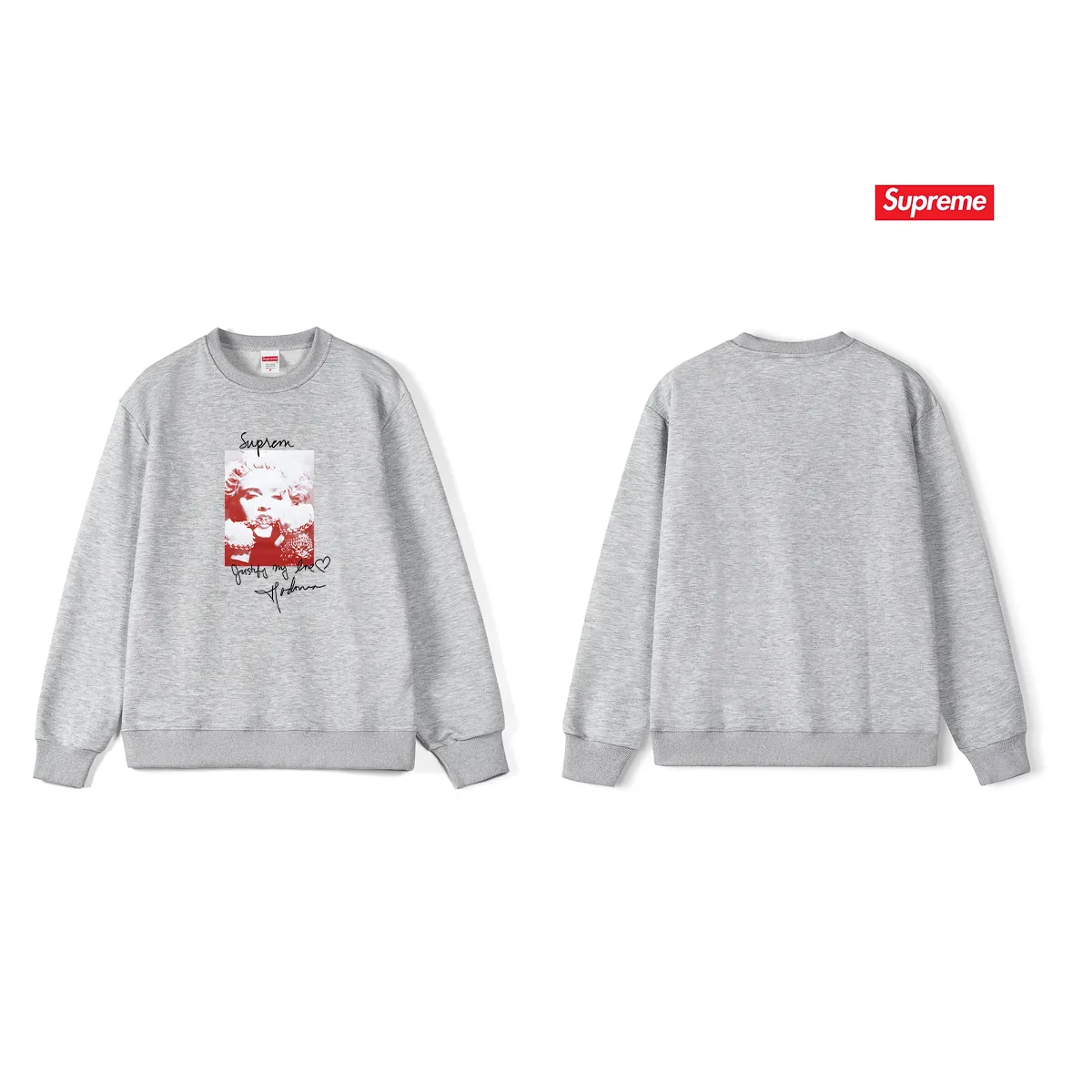 Style No. S1206 #terry p150💰 Velvet 160💰 Supreme FW18 Madonna Tee Navy Madonna printed round neck sweatshirt Made of 400 grams of large terry (drop shoulder large version) fabric, soft texture and no pilling Imported environmentally friendly printing glue The pattern is bright and three-dimensional Quality💥Same style for men and women The upper body is trendy Color: black white gray Size: S M L XL XXL