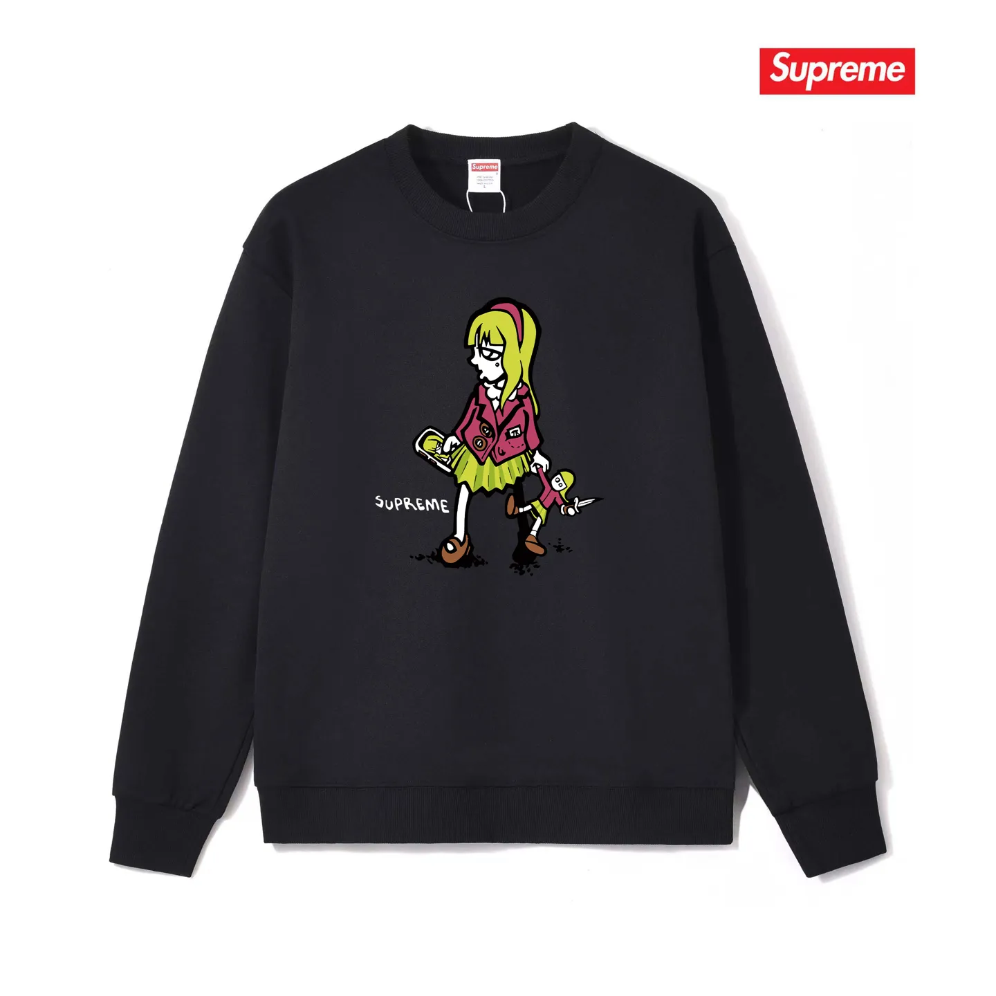 Style No. S1134 #terry p150💰 plus velvet 160💰 supreme 19SS Suzie Switchblade Tee Suzie little girl printed round neck sweatshirt Made of 400 grams of large terry (drop shoulder large version) fabric, soft texture and no pilling Imported environmentally friendly printing glue The pattern is bright and three-dimensional Quality 💥 Same style for men and women The upper body is trendy Color: black white gray Size: S M L XL XXL