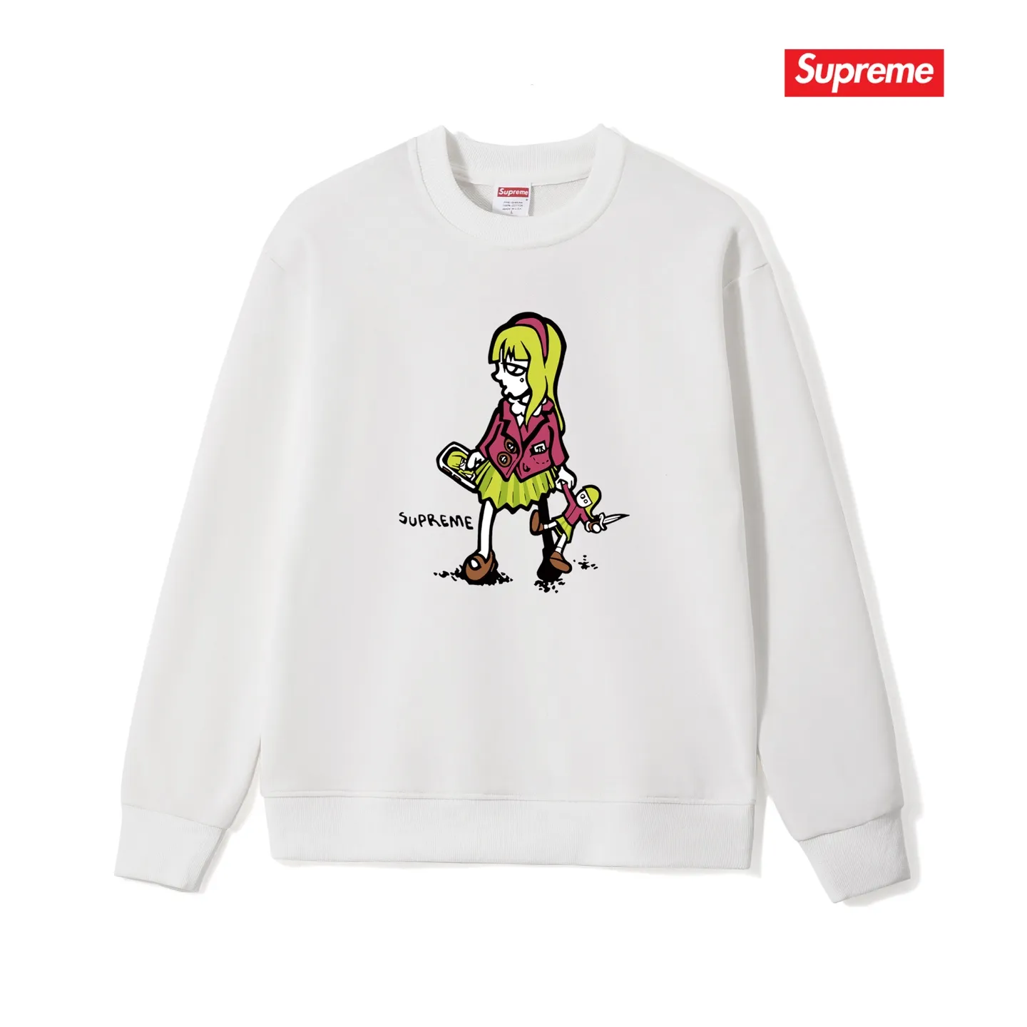 Style No. S1134 #terry p150💰 plus velvet 160💰 supreme 19SS Suzie Switchblade Tee Suzie little girl printed round neck sweatshirt Made of 400 grams of large terry (drop shoulder large version) fabric, soft texture and no pilling Imported environmentally friendly printing glue The pattern is bright and three-dimensional Quality 💥 Same style for men and women The upper body is trendy Color: black white gray Size: S M L XL XXL