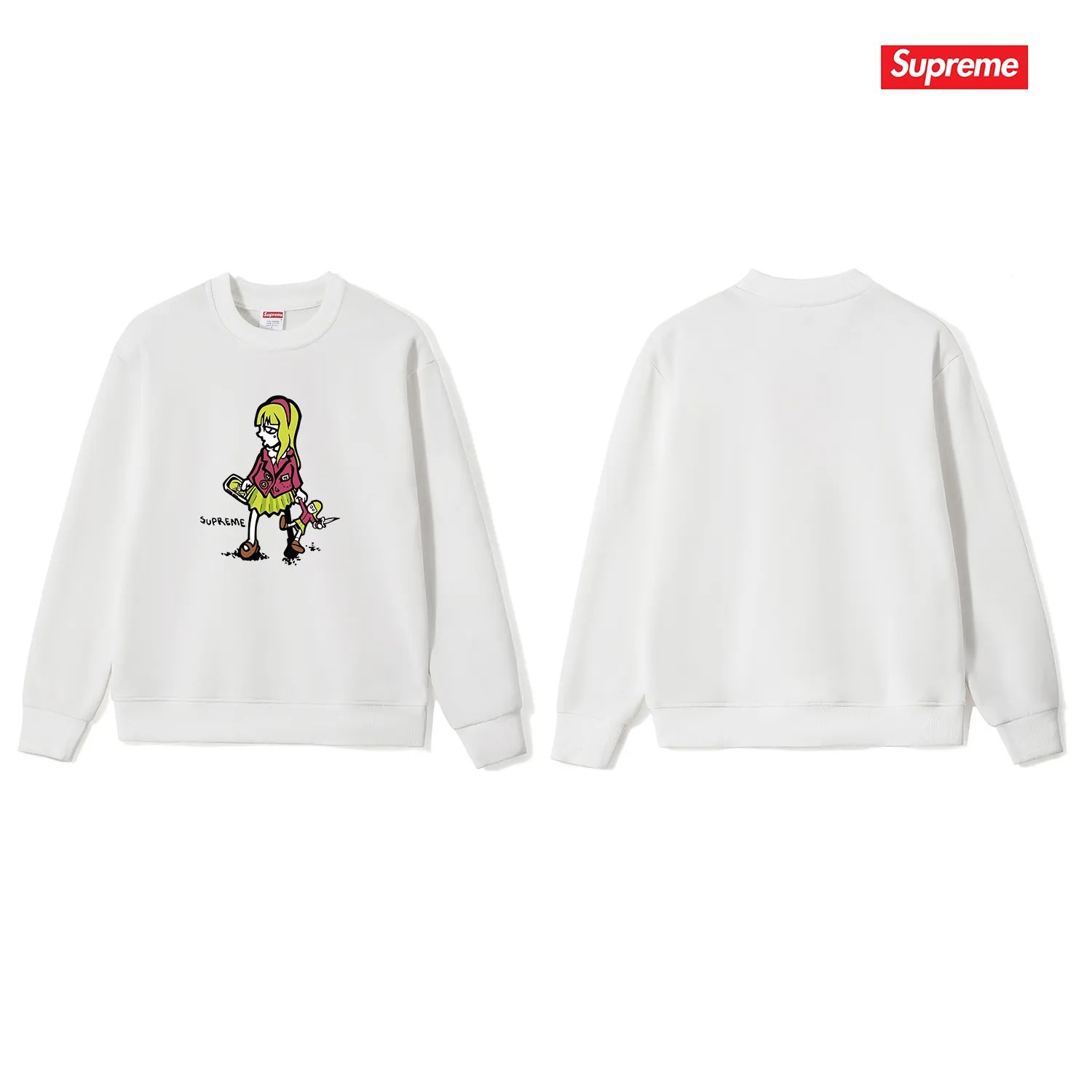 Style No. S1134 #terry p150💰 plus velvet 160💰 supreme 19SS Suzie Switchblade Tee Suzie little girl printed round neck sweatshirt Made of 400 grams of large terry (drop shoulder large version) fabric, soft texture and no pilling Imported environmentally friendly printing glue The pattern is bright and three-dimensional Quality 💥 Same style for men and women The upper body is trendy Color: black white gray Size: S M L XL XXL
