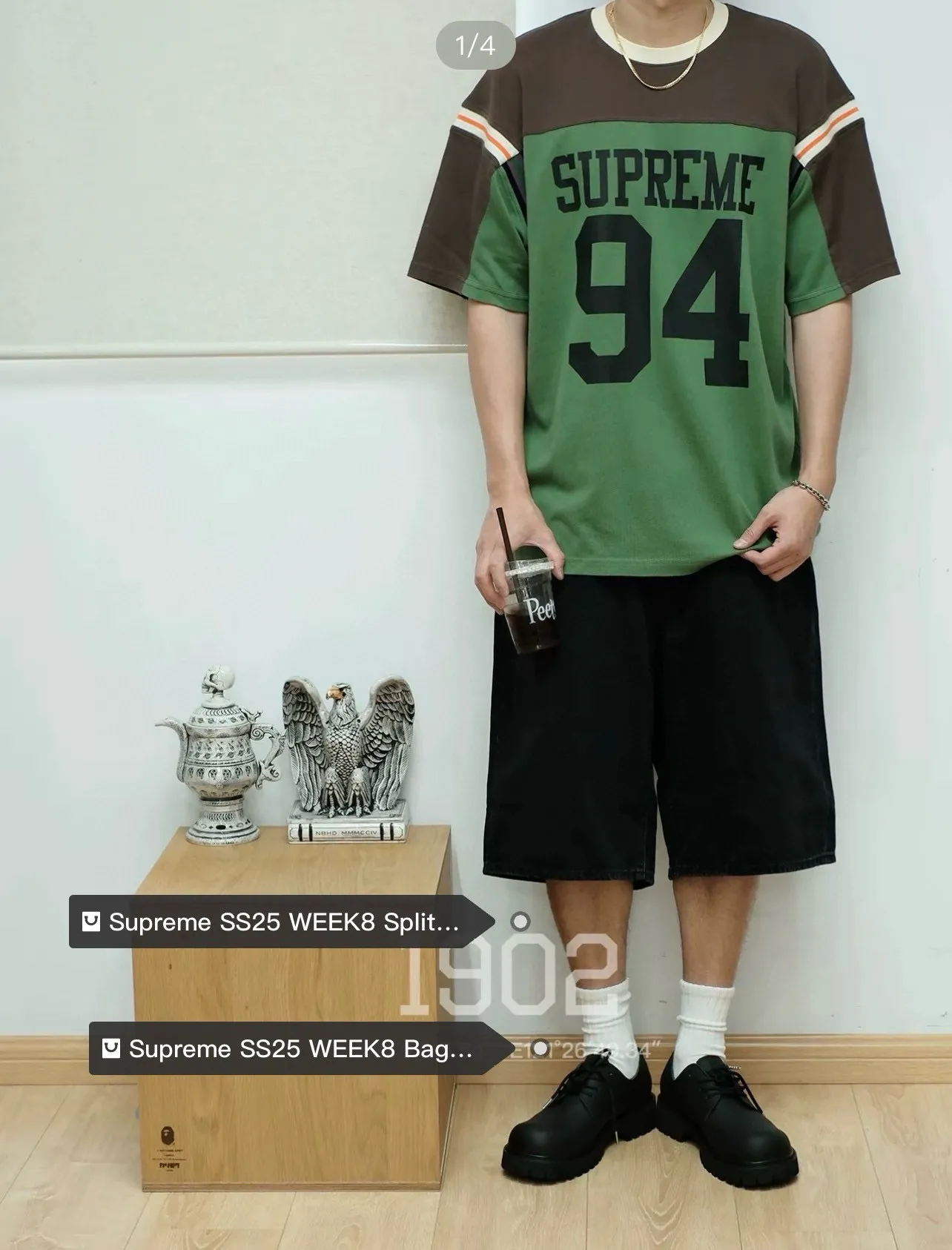 S626💰p220 Supreme SS25 WEEK8 Split S/S Football Top patchwork pattern ribbed round neck short-sleeved American trendy football jersey for men and women. Original purchase and development! The color matching thread is customized at 1:1, and the accessories and details are all in place!  Color: Black Green Size: S M L